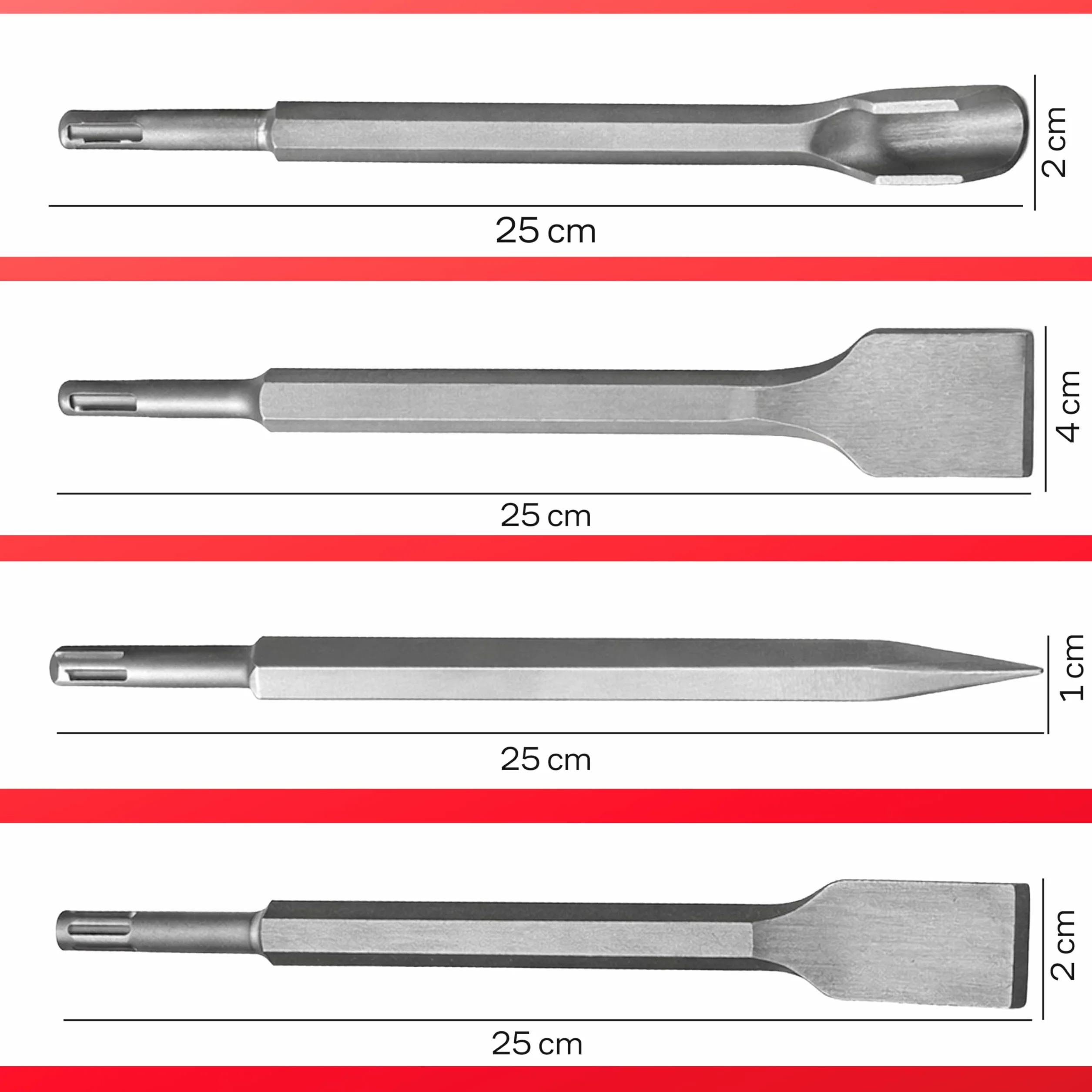 Retoo SDS Plus zestaw 4 sztuk 250 mm dłuta do płytek betonu cegły asfaltu