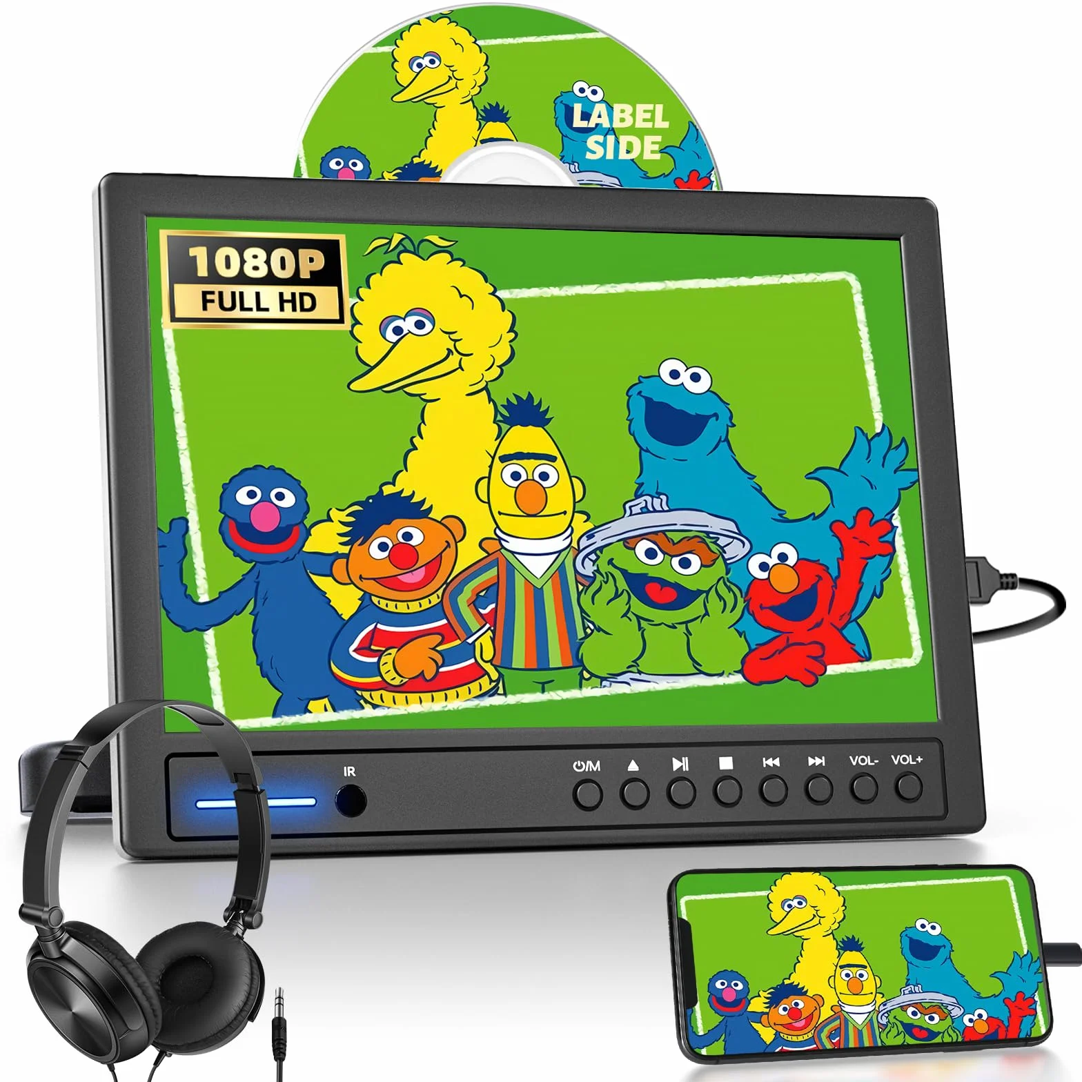 Arafuna 12,5 Pollici Lettore DVD Portatile, 1080P Lettore DVD Auto, Supporta l'ingresso USB/TF, HDMI, AV, Non Ricaricabile
