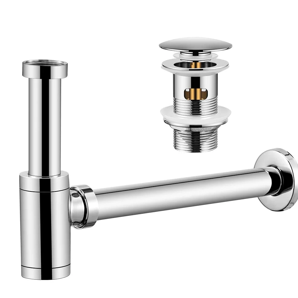 Sifone pop up valvola di scarico con troppopieno, design universale, sifone a tubo con apertura di pulizia, tubo di immersione regolabile, cromato