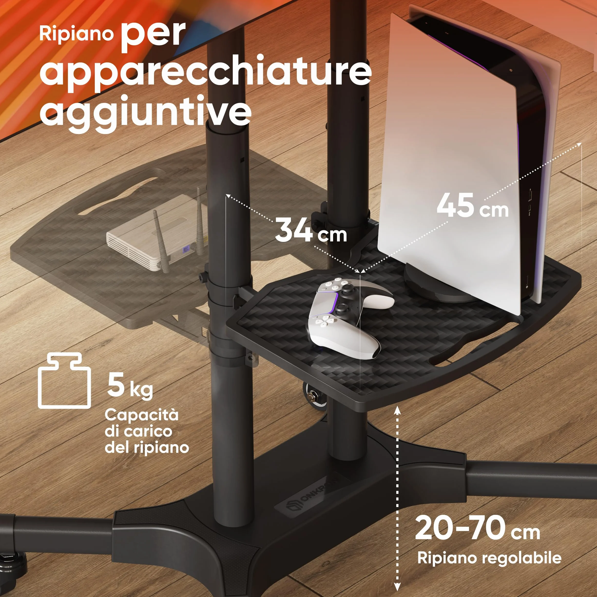 ONKRON Supporto TV da Pavimento 32" - 65", Carico max 50 kg, Porta televisore mobile VESA 100x100-600x400, Carrello TV con Ruote e Ripiano, Piedistallo da Terra, Altezza regolabile, Nero, TS1351-B