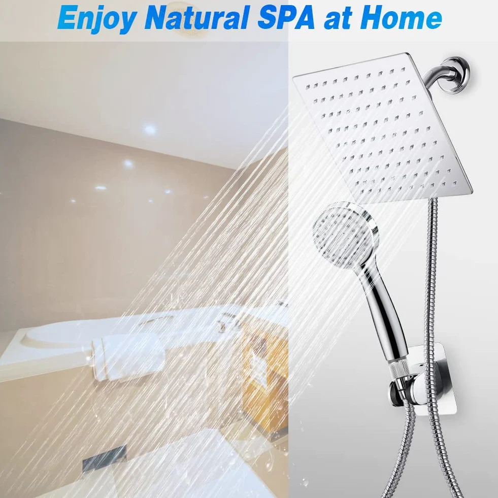 Set di soffione doccia ad alta pressione da 20,3 cm, soffione doccia a pioggia in acciaio inox, con tubo da 152 cm, soffione anti-perdite con supporto, regolatore di flusso, cromato, 4 ganci per