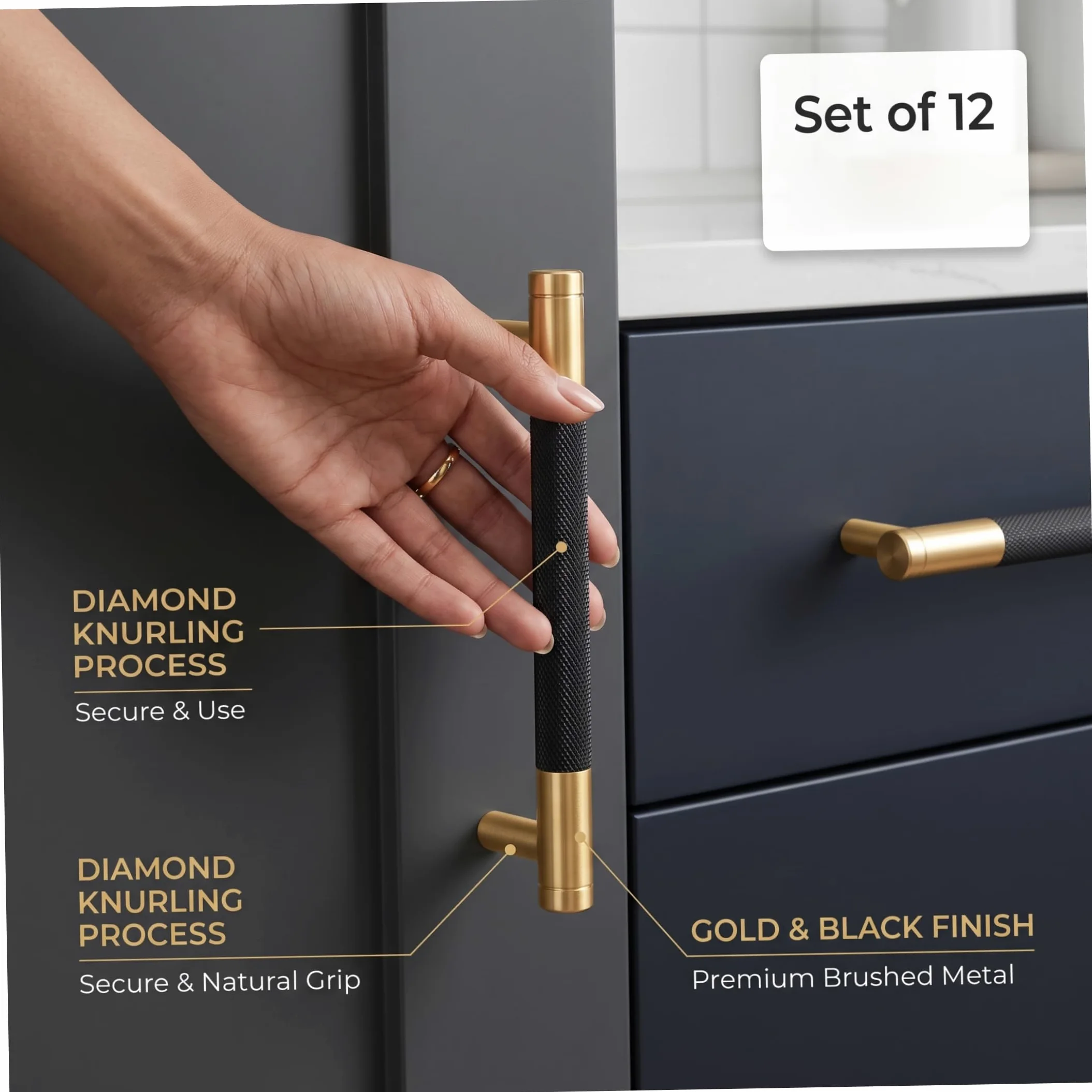 Maniglie da cucina, ferramenta per mobili in alluminio da 12, 7 cm, confezione da 12, nero e oro