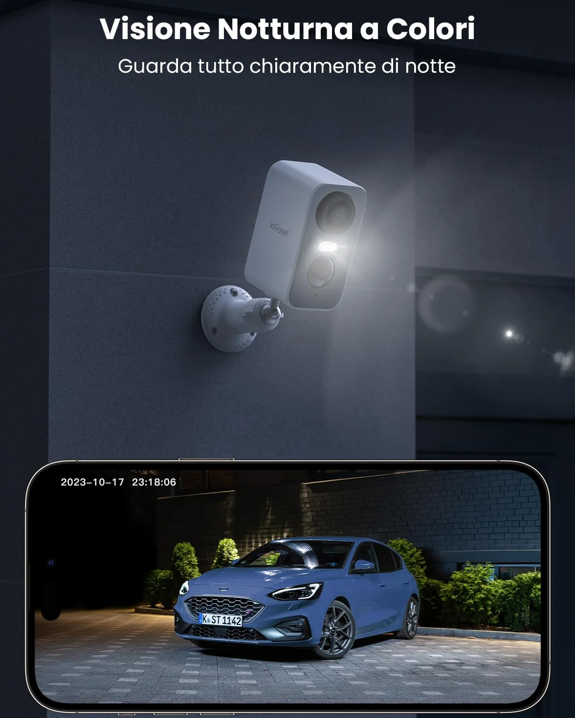 ieGeek 2K Telecamera Wi-Fi Esterno/Interno Senza Fili Batteria, Faro e Allarme Integrato, Visione Notturna a Colori, Rilevamento Movimento PIR, 2 Vie Audio, SD/Cloud Archiviazione, 2,4GHz WiFi, IP65