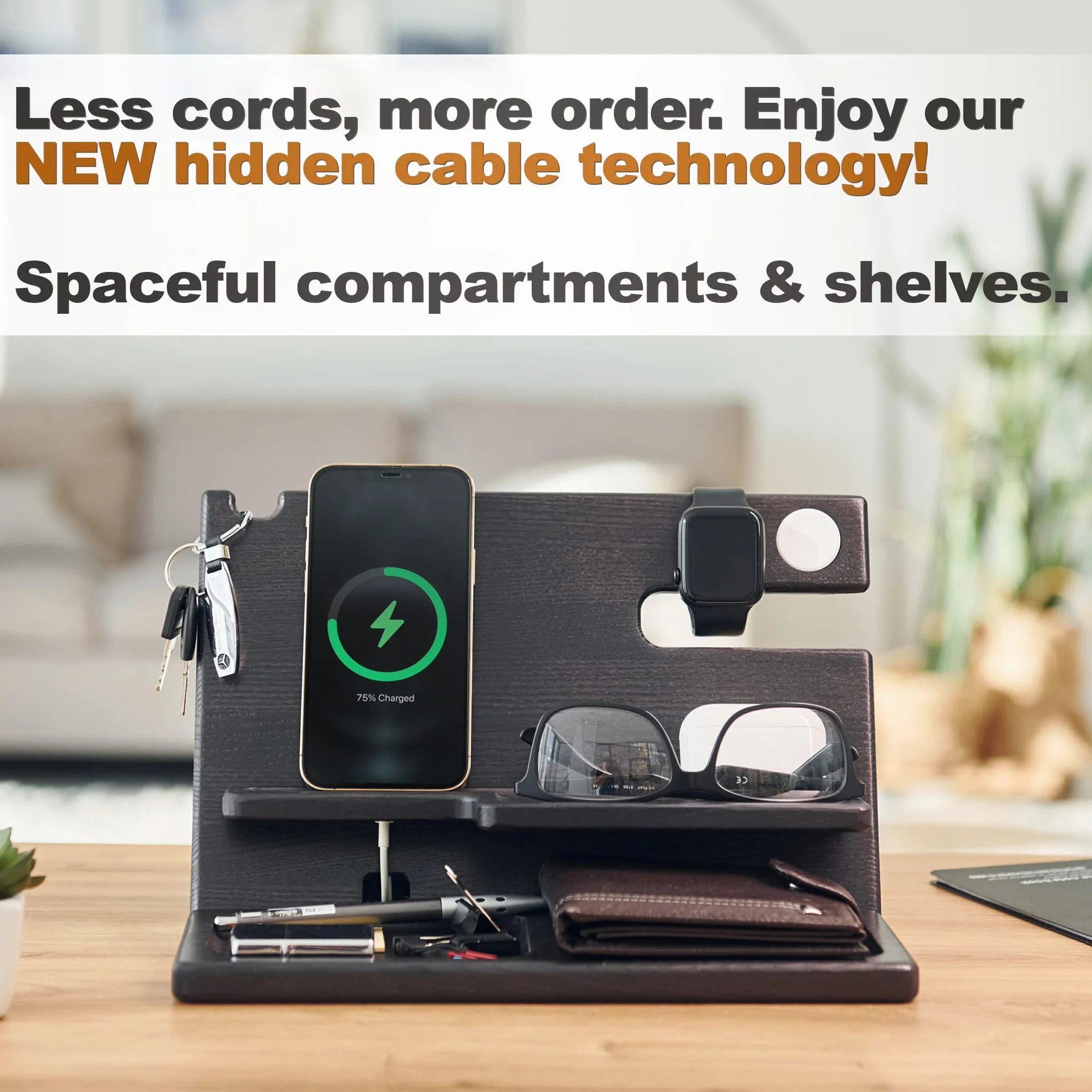 Teslyar Docking Station in Legno per telefono dalla Cenere con ganci con Svuota tasche e Porta Orologio Natale Regalo da uomo per orologi compatibile con iPhone iWatch AirPods (Nero)