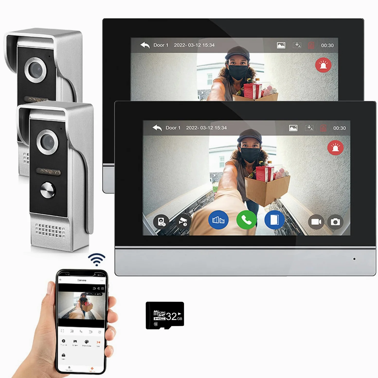 Sistema videocitofonico cablato Tuya WiFi 7 pollici touch screen 1080P campanello intelligente Tuya APP Kit citofono 2 porte sblocco (2 Campanello+2 Monitor)