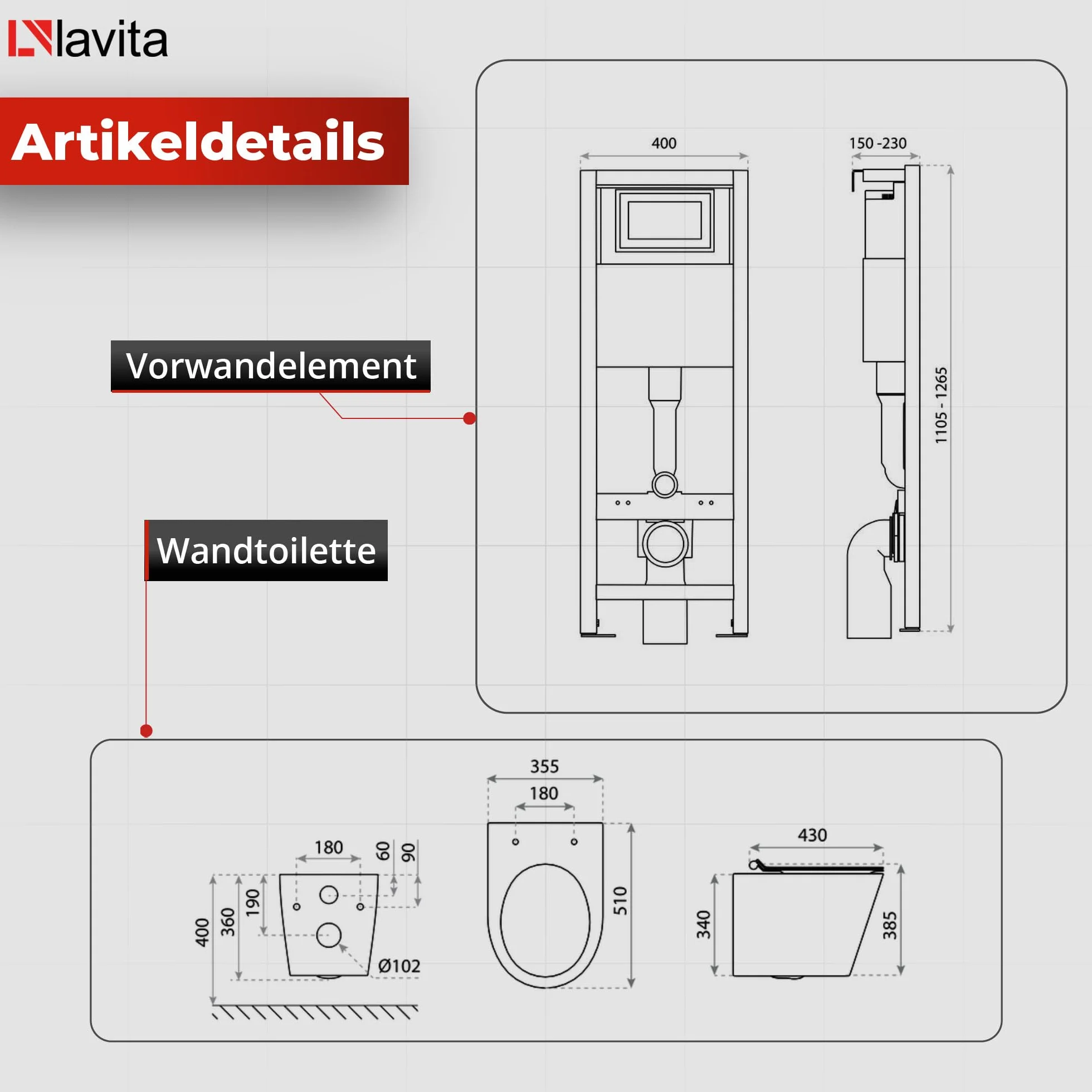 Lavita LAV 101 LAV 200.1.2 Set WC sospeso a parete 40cm fondo profondo GALVE Bianco senza brida Piastra comando Cromato
