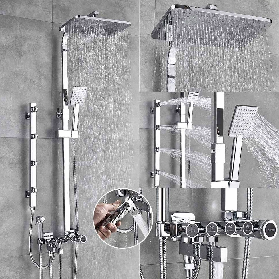 Set Rubinetto Doccia con Interruttore a 5 funzioni, Montaggio a Parete, soffione a Pioggia con beccuccio per Vasca, Miscelatore per Bidet, Cromato Argento