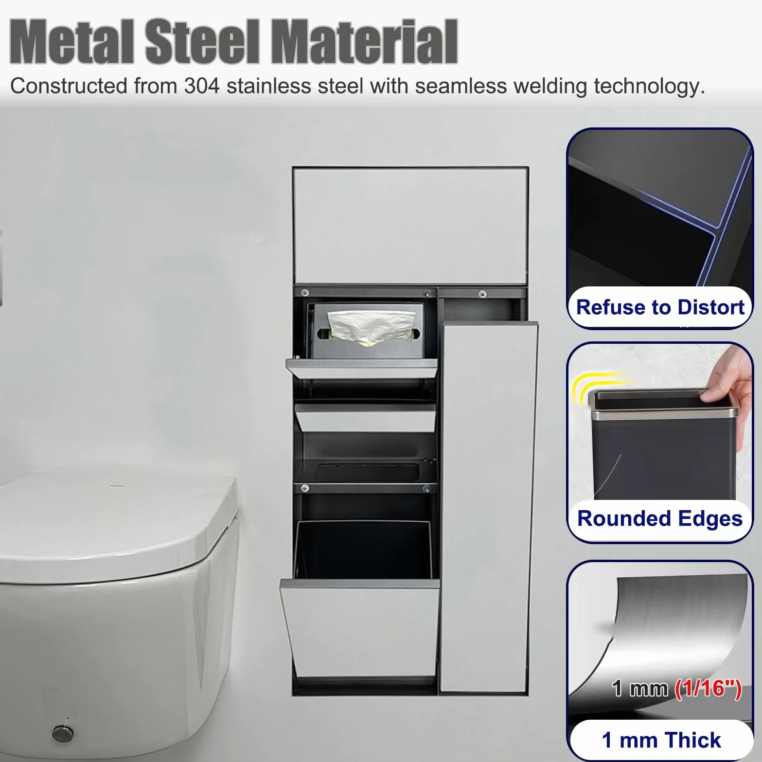 Portarotolo da incasso bianco con mensola, da parete, per bagno e cucina, in acciaio inox, salvaspazio