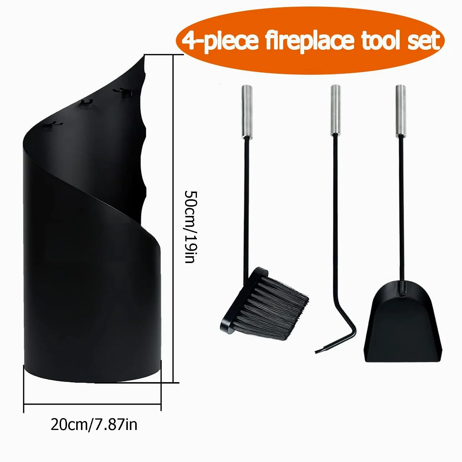 Set di 4 attrezzi per caminetto con attizzatoio, spazzola, pala e supporto, in ferro battuto, resistente al calore, decorazione per la casa e il camino