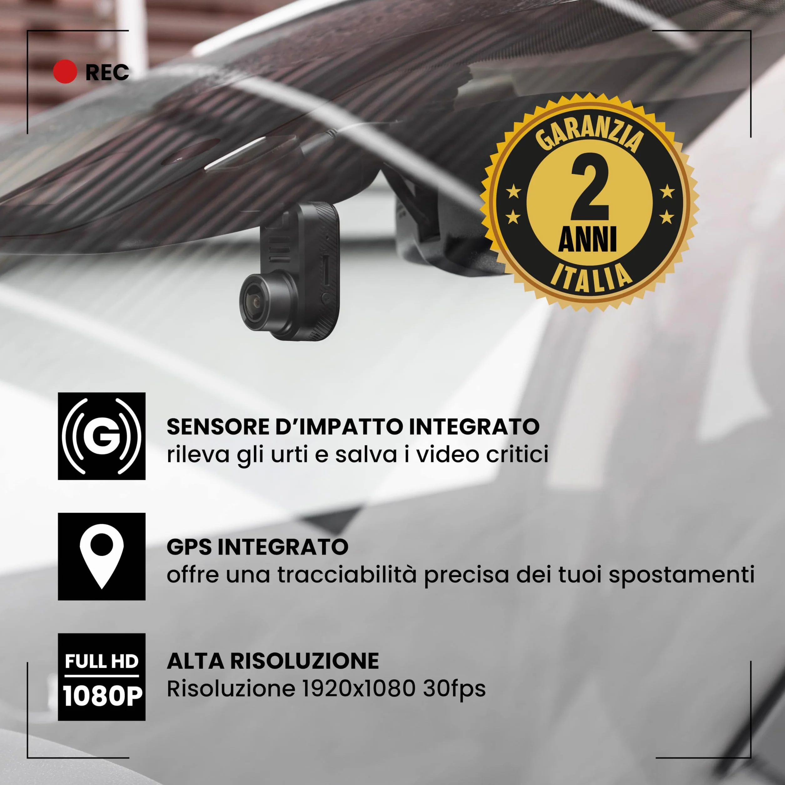 Midland - Dash Cam Auto Street Guardian Mini, Dashcam con Localizzatore GPS Integrato, Videocamera con Sensore G per Rilevamento Urti - Accessori Auto, Telecamera Wi-Fi per Accesso Video da Smartphone