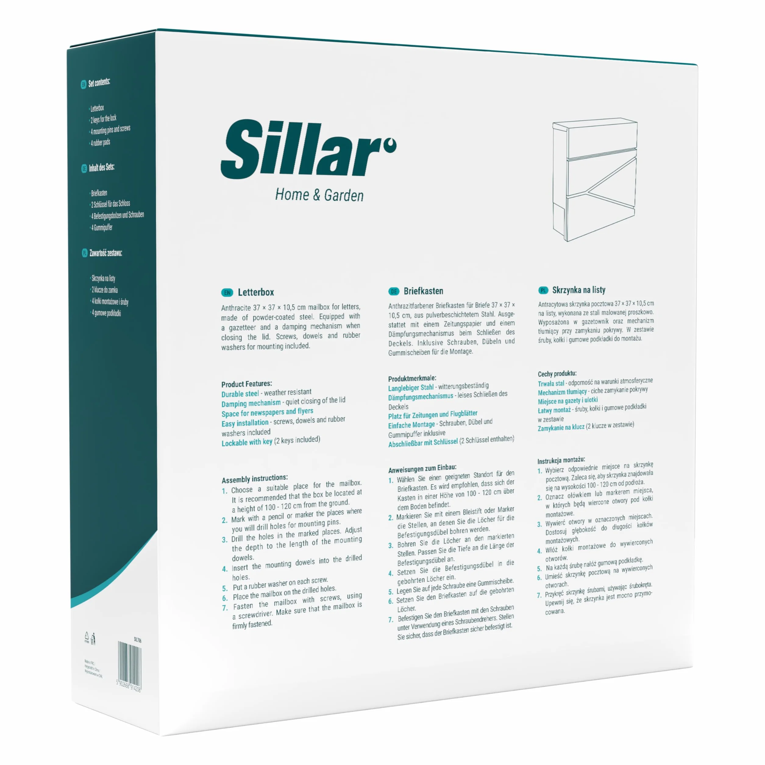 Sillar Cassetta postale da muro acciaio zincato resistente agli agenti atmosferici UV 37×10,5×37 cm antracite 2 chiavi