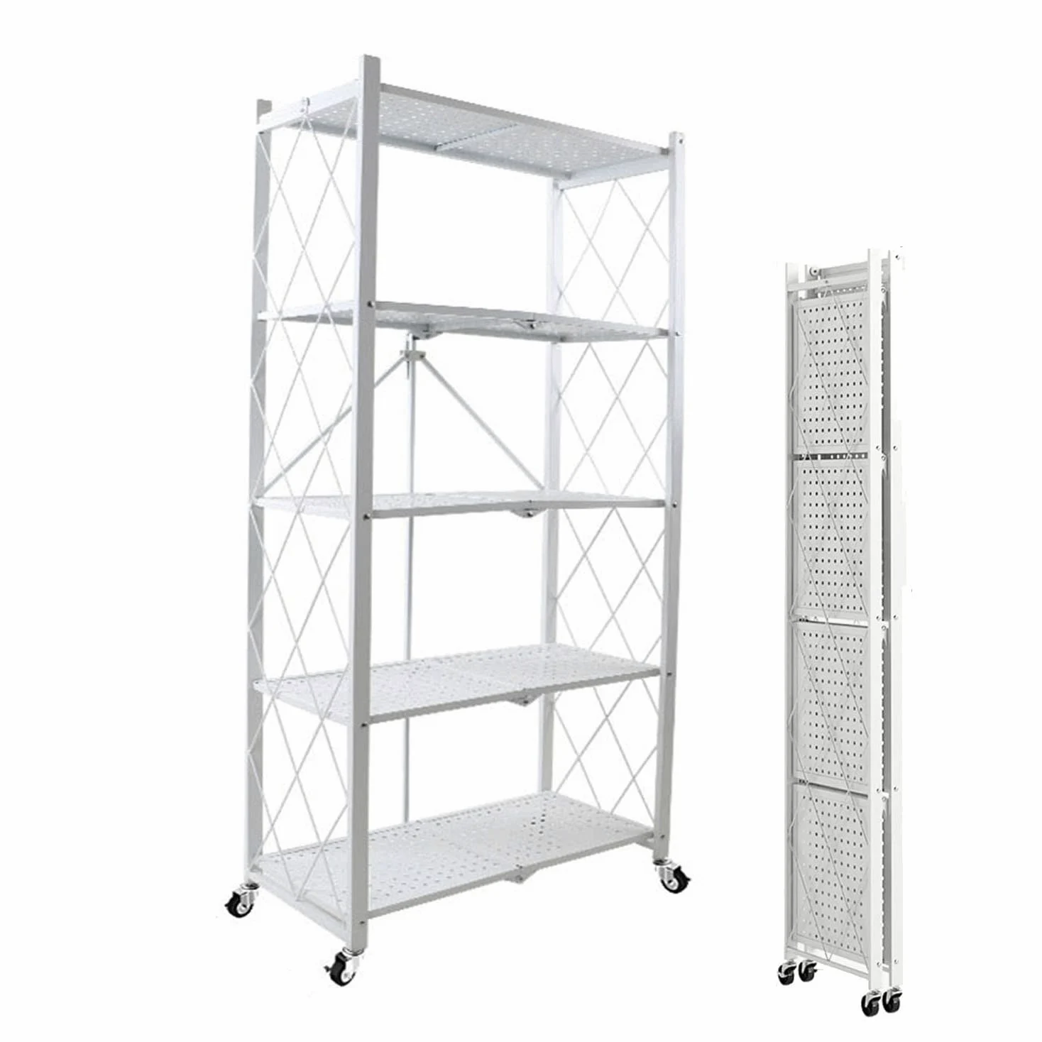 Scaffale pieghevole in metallo resistente a 3 5 ripiani con ruote, capacità di 210 kg, per garage, cucina, soggiorno e bagno, soluzione salvaspazio bianca
