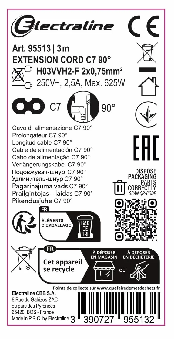 Electraline 95513 Cavo di Alimentazione 3M C7 Radio, PC, TV, Schermi Piatti, Adatto a dispositivo Sonos come, Spina Europea Tipo C, Nero