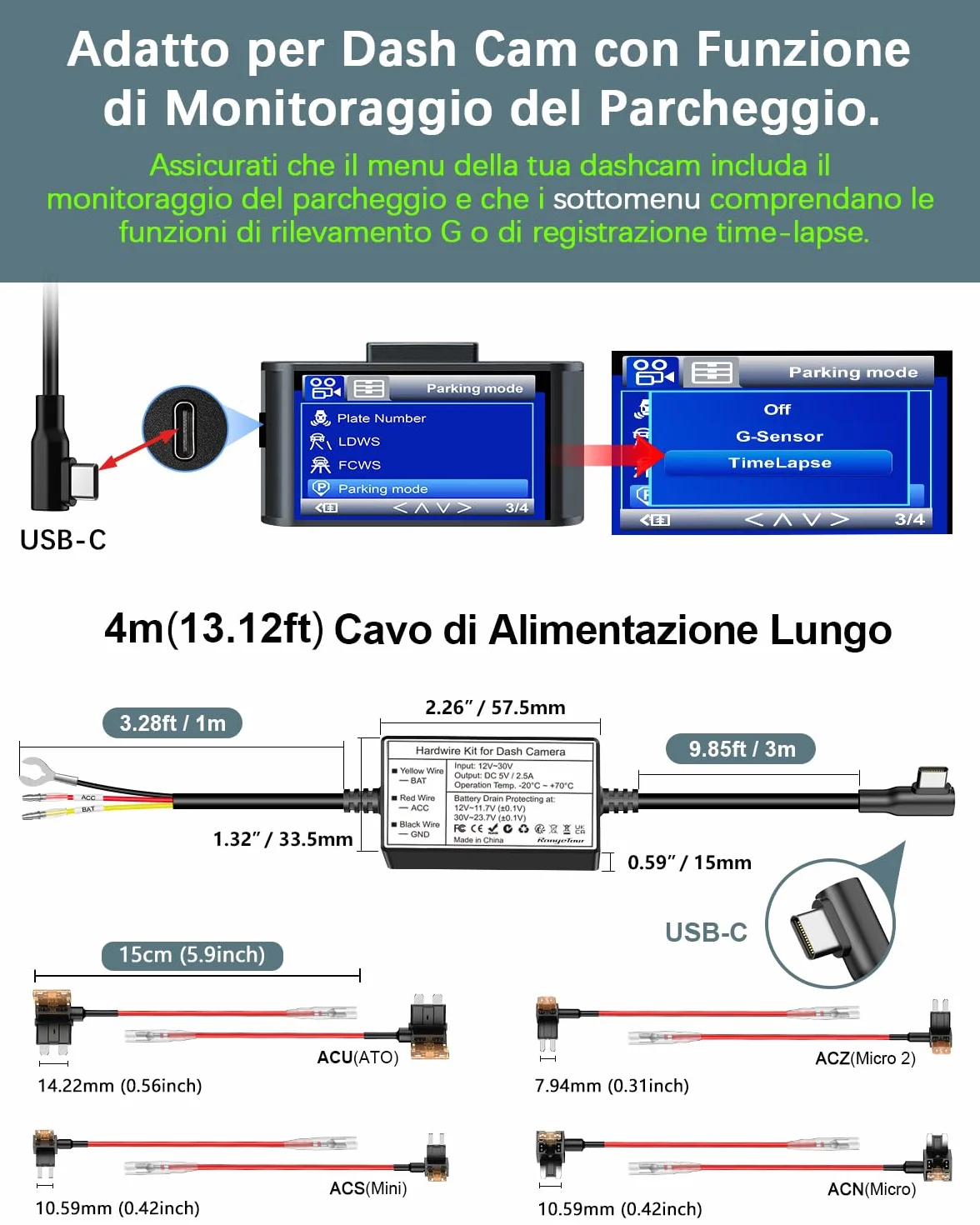 Kit Cablaggio USB-C, Dash Cam Hardwire Kit con 4 Tipi/8 Fusibili Adattatori, Cavo Tap e Strumento di Installazione 4m/13.12ft 12V/24V a 5V/2.5A Auto Cavo di Ricarica Kit