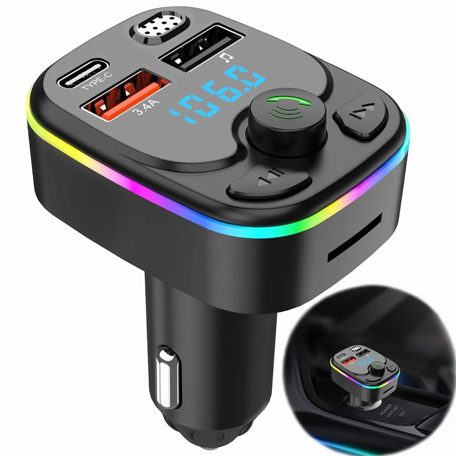 Trasmettitore FM Bluetooth 5.3 per Auto, Ricarica Rapida QC3.0 & PD 20W Bluetooth Auto Aux con 2 porte USB e 1 Type-c, Adattatori Vivavoce,Chiamata Vivavoce
