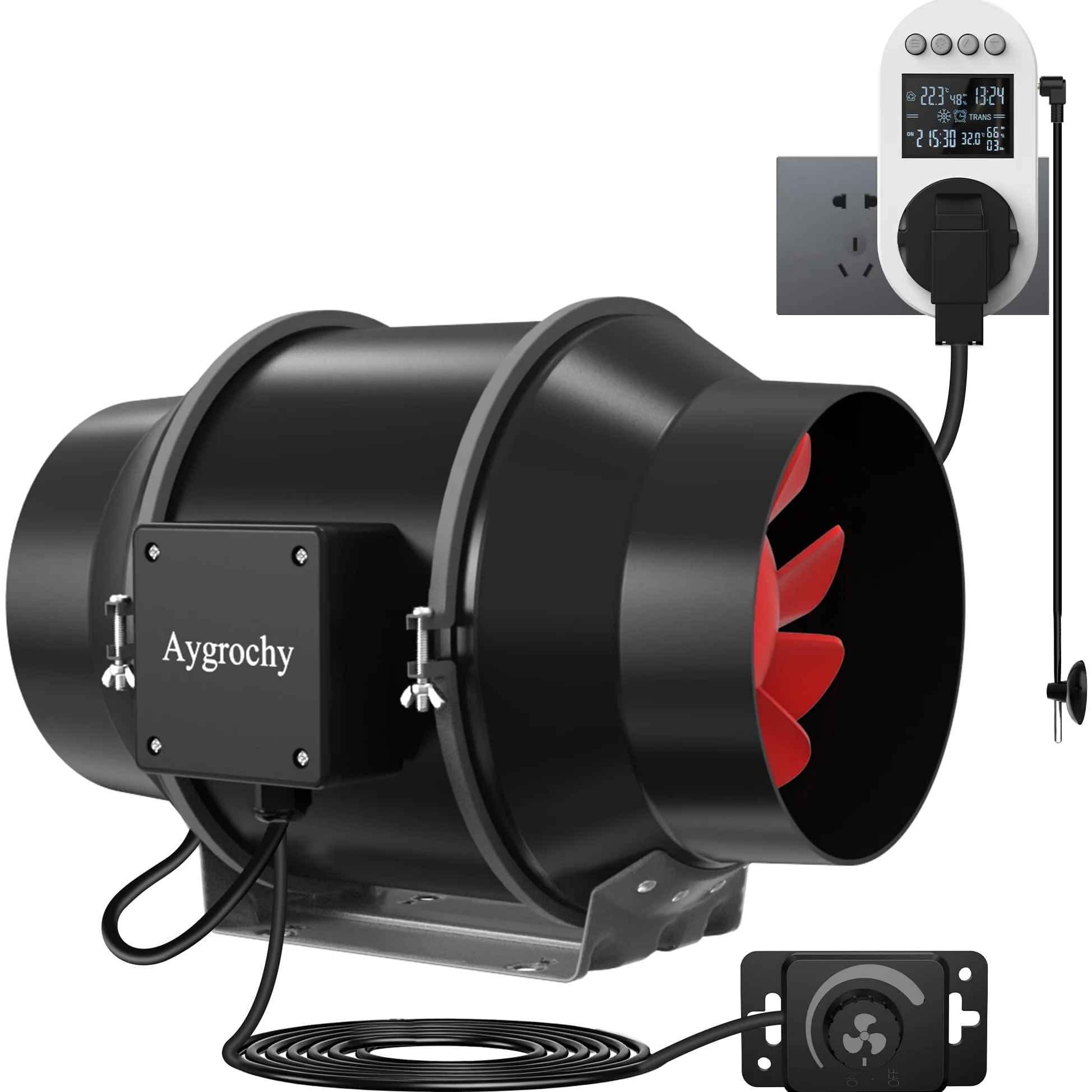 Aygrochy Ventola Aspiratore 125 mm con presa smart e sensore di umidità | Ventilatore di scarico (416 m³/h) Estrattore Aria con sensore di umidità Per Serra,Tende di Crescita,Coltura Idroponica.