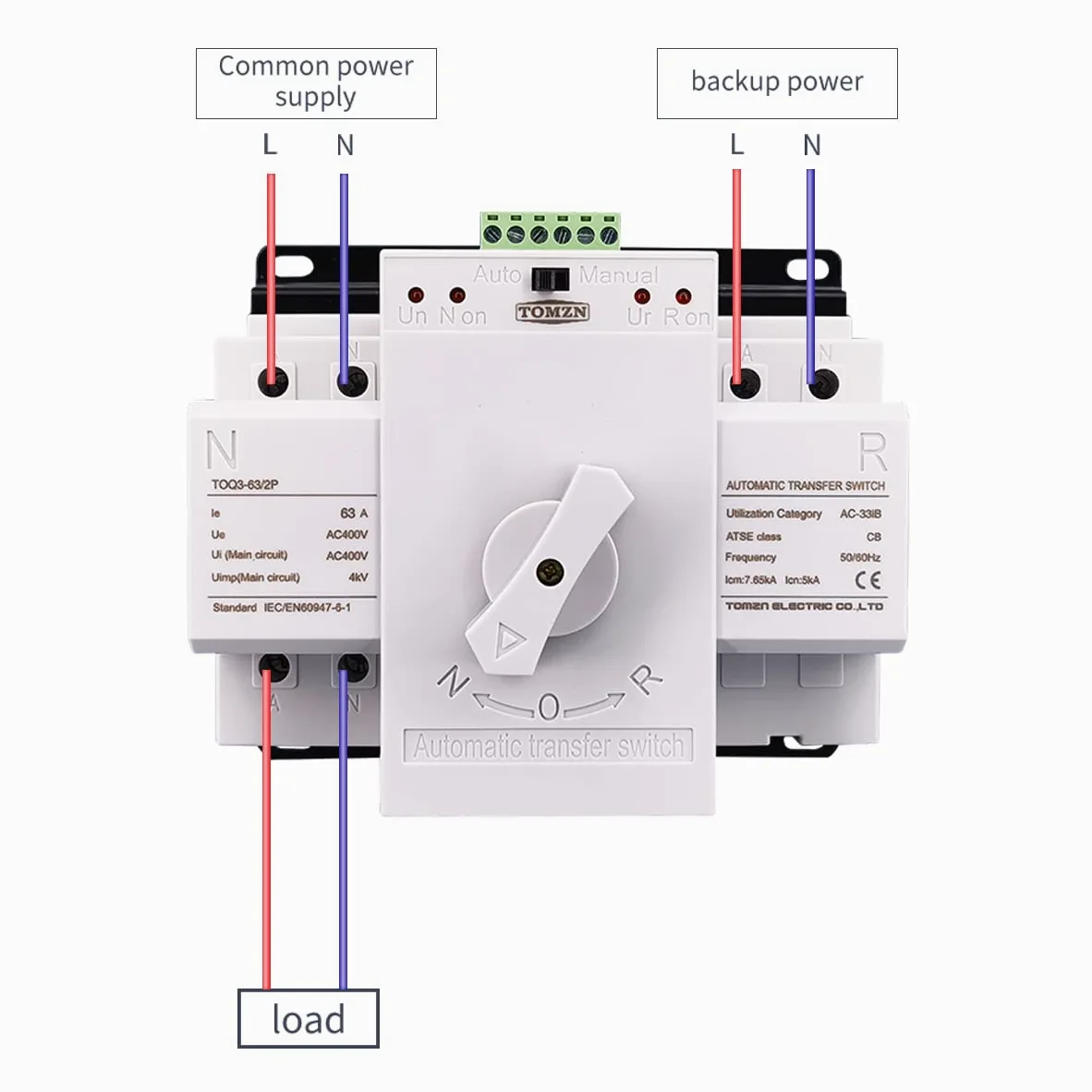 Interruttore Magnetotermico Differenziale 2 Ingresso 1 Outpout 2P 63A 230V 50/60 Hz. MCB. Tipo Dual Power Switch di trasferimento automatico ATS