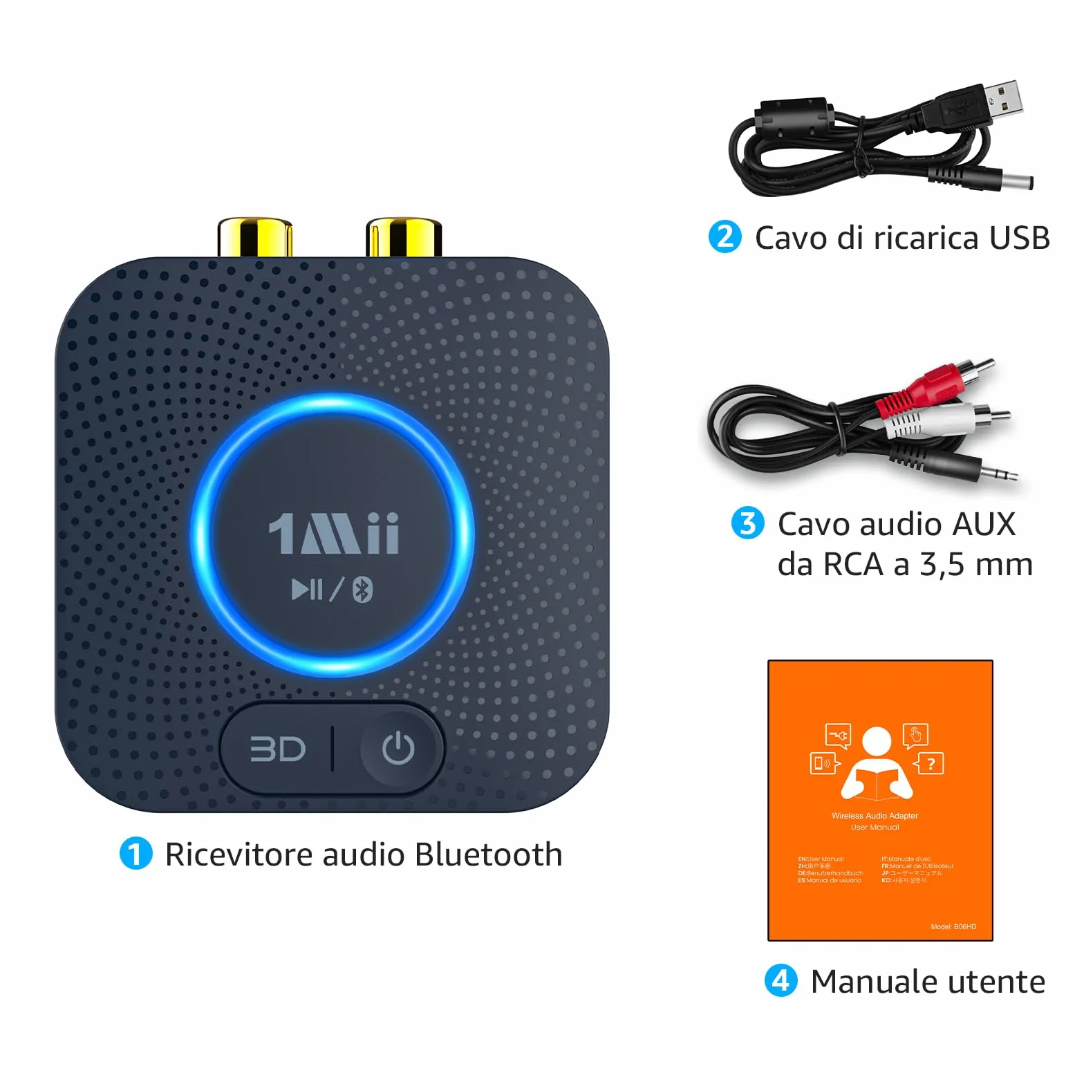 1Mii B06HD Ricevitore Audio Bluetooth 5.3, Adattatore Bluetooth per Sistema Stereo HiFi Domestico, con Audio Surround 3D a Bassa Latenza aptX HD, 15 Ore di Riproduzione, Jack AUX RCA da 3.5mm