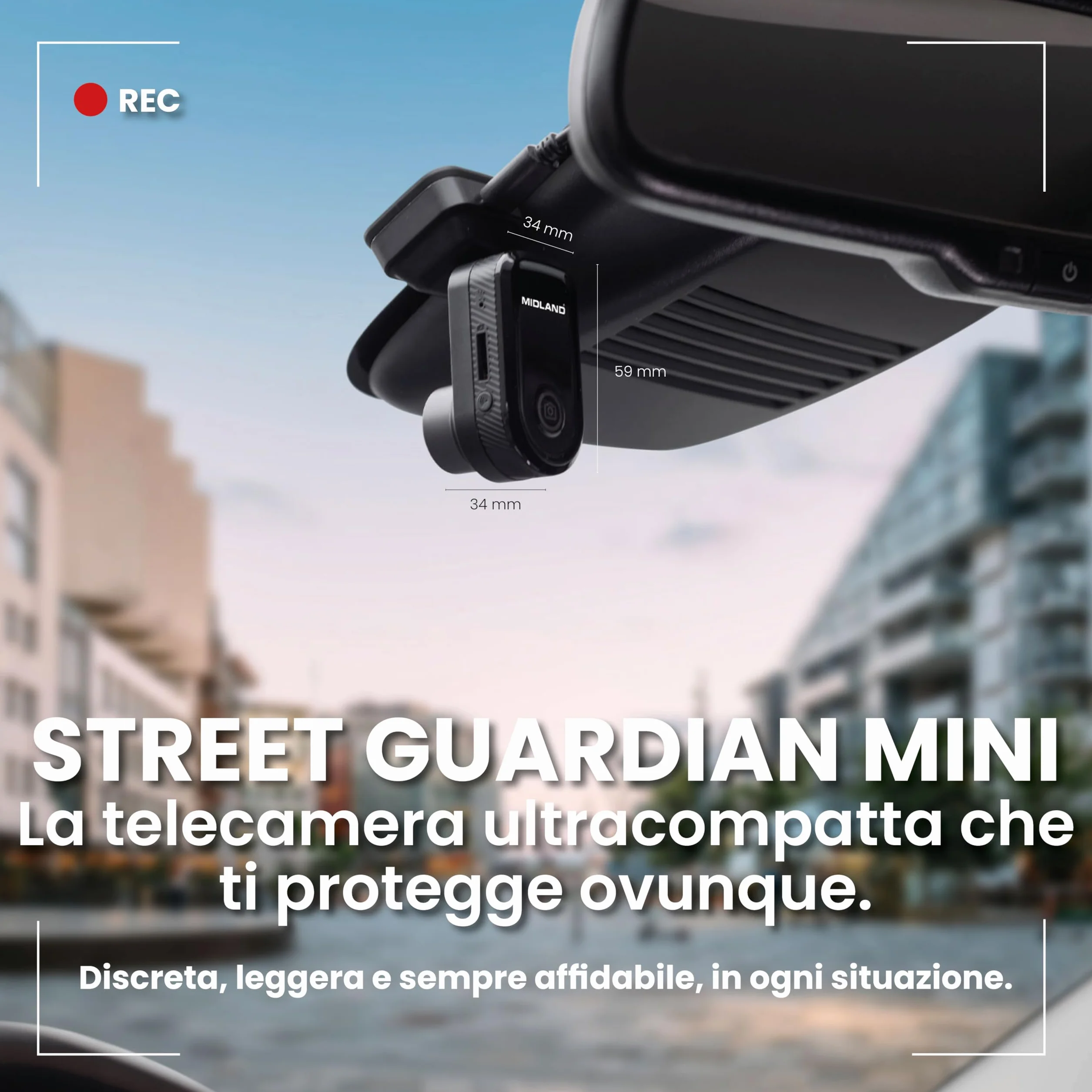 Midland - Dash Cam Auto Street Guardian Mini, Dashcam con Localizzatore GPS Integrato, Videocamera con Sensore G per Rilevamento Urti - Accessori Auto, Telecamera Wi-Fi per Accesso Video da Smartphone