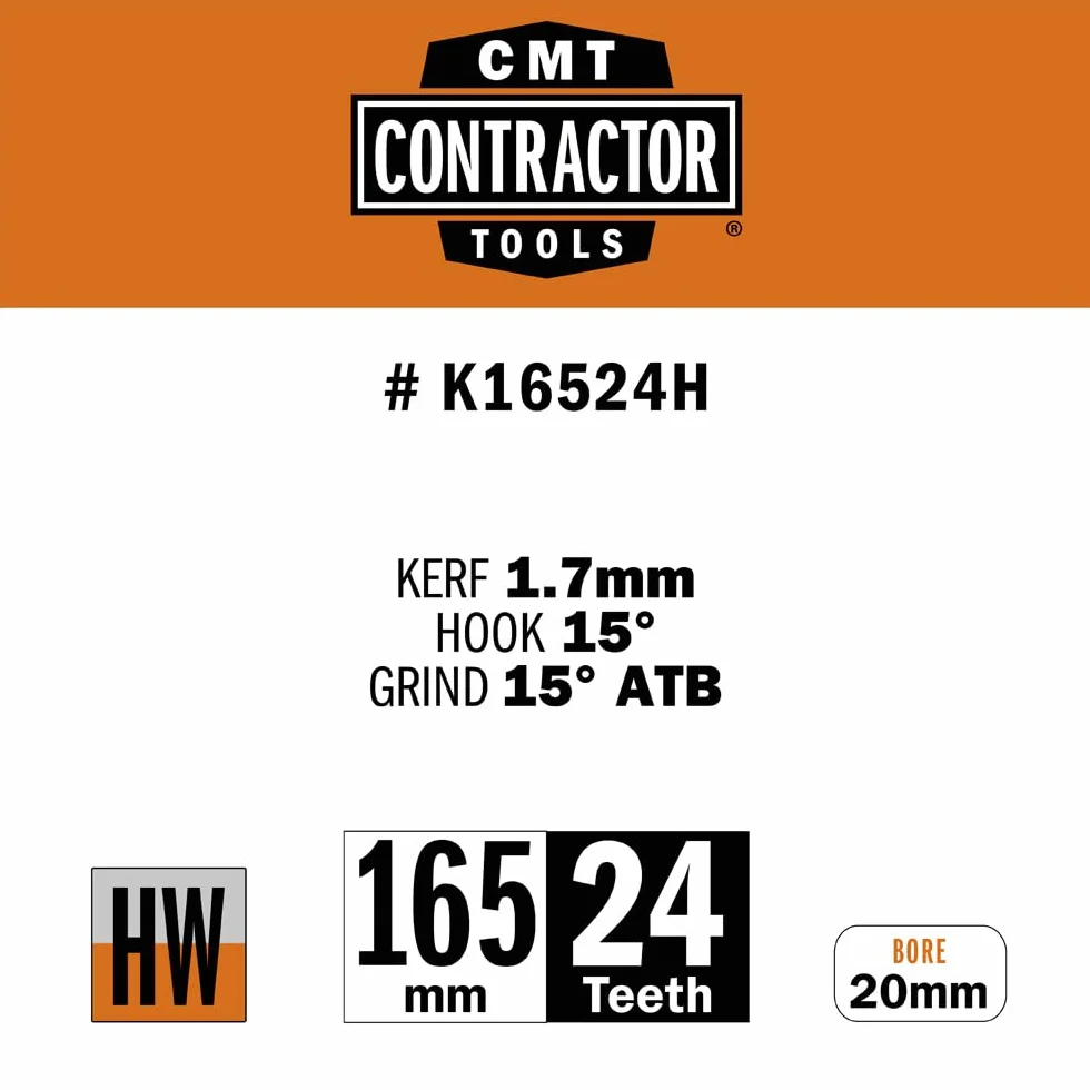 CMT Orange Tools K16524H ITK-Contractors HW 165x1.7/1.1x20 Z24 ATB 15°POS