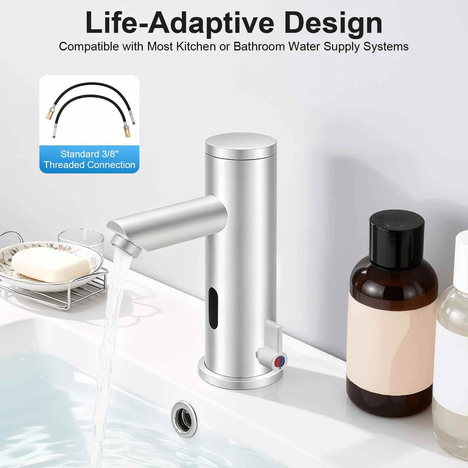 MINRS Rubinetto automatico a infrarossi acqua fredda e calda, sensore lavandino, temperatura regolabile 0-55°C, 2 tubi, batteria