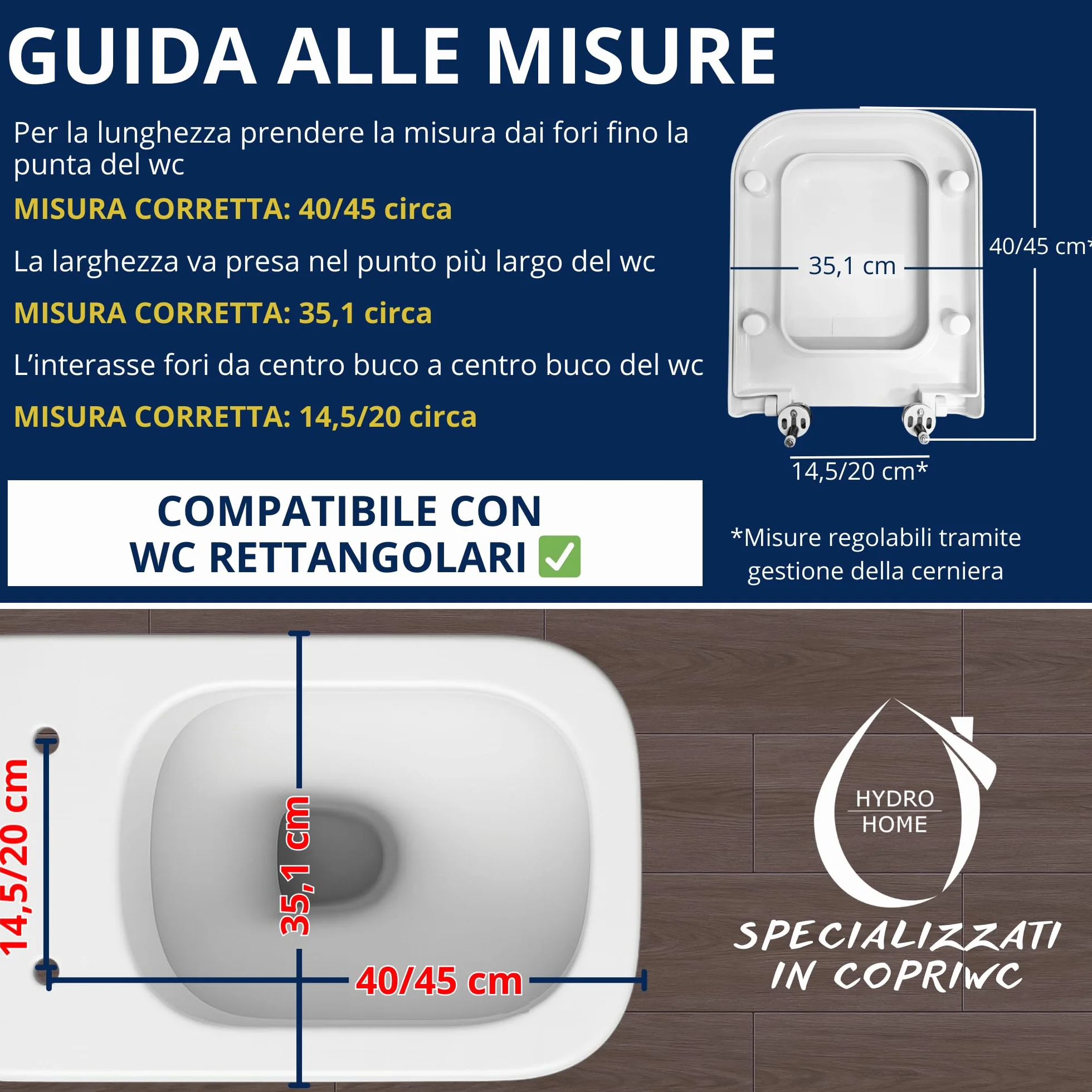 HYDRO HOME Copriwater Rettangolare HH313 Universale Compatibile con Vari Modelli, Tavoletta WC in Plastica Termoindurente, Antibatterico, Cerniere Regolabili Soft Close, Bianco (Chiusura ammortizzat)