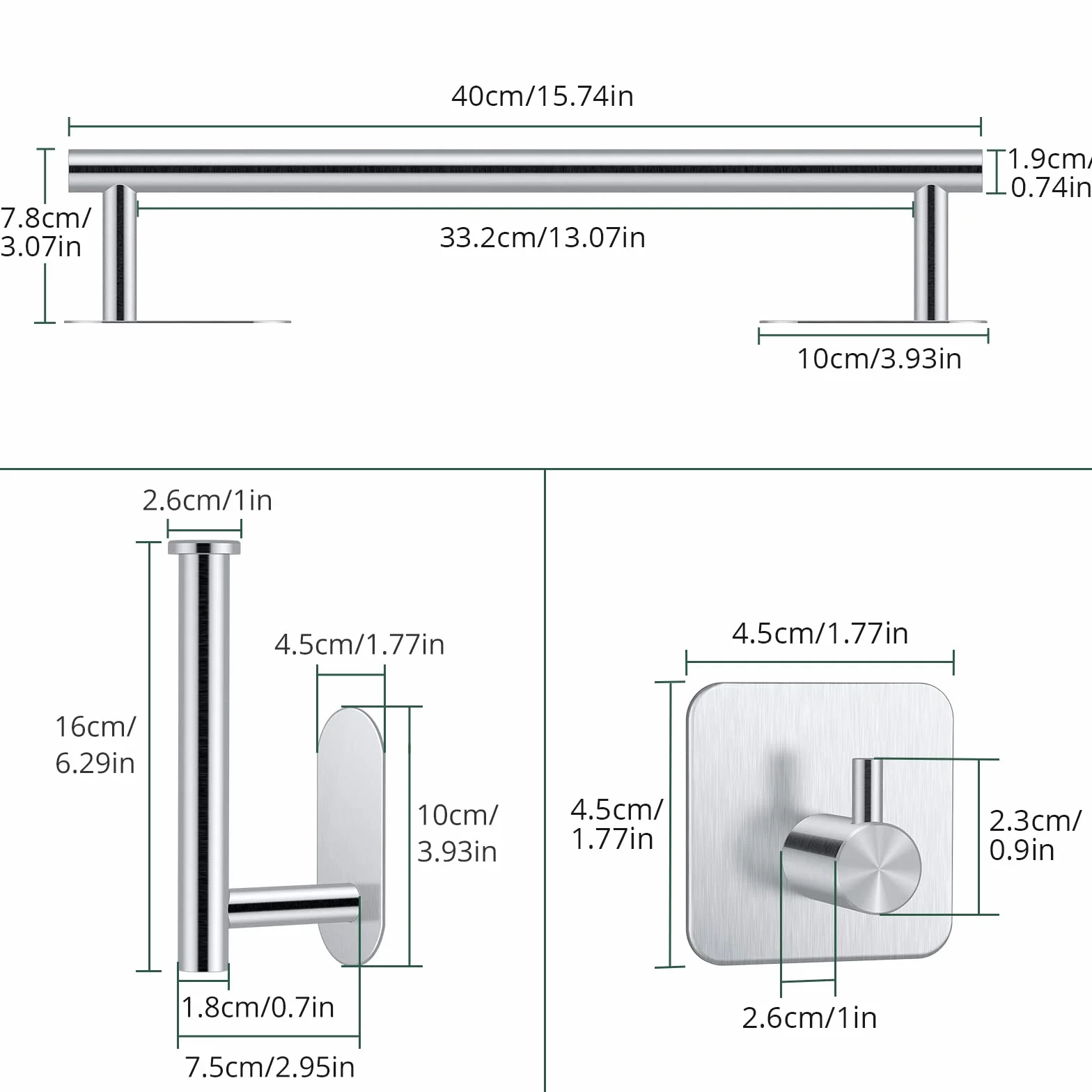 Set Porta Asciugamani 5 Pezzi Acciaio Inox 304 Bagno Cucina 40cm Grigio Spazzolato