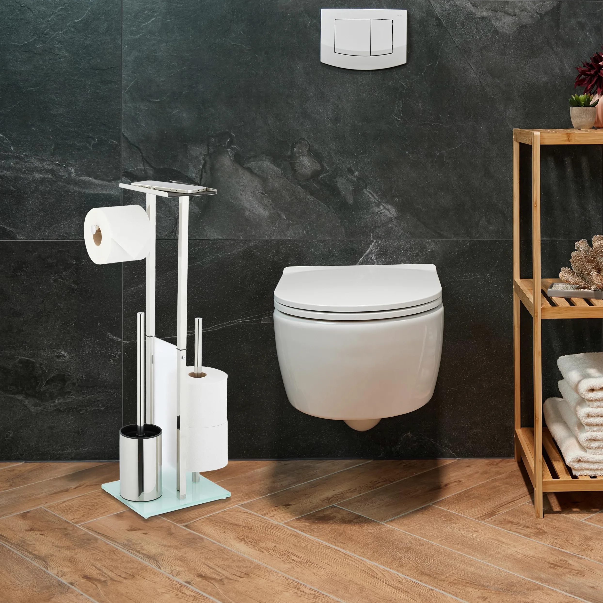 Relaxdays Piantana Portarotolo e Portascopino da Bagno, Porta 3 Rotoli di Carta e Scopino WC, 66x24x18 cm, Acciaio Inox