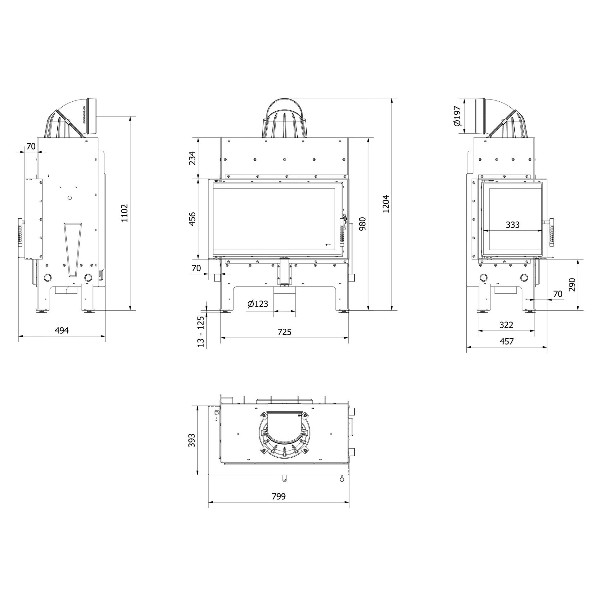 KRATKI Inserto per camino in acciaio a legna FLOKI 10 kW Ø200 sinistro A+ | Acciaio nero, efficienza 83,6%, classe A+. Ecodesign, BImSchV 2; per recupero calore.; combustione efficiente; Livello 2
