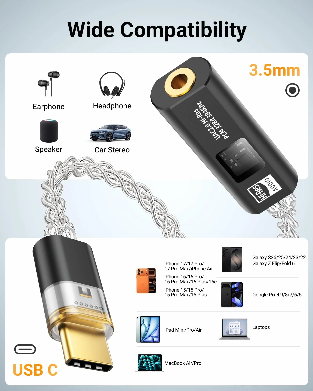 MoKo Adattatore Audio USB C a 3,5mm, Doppio Chip DAC HiFi CX31993 & MAX97220, 32bit/384KHz Tipo C a Jack Cuffie AUX per iPhone 17/16, iPad, Galaxy S26/S25, Pixel, Nero