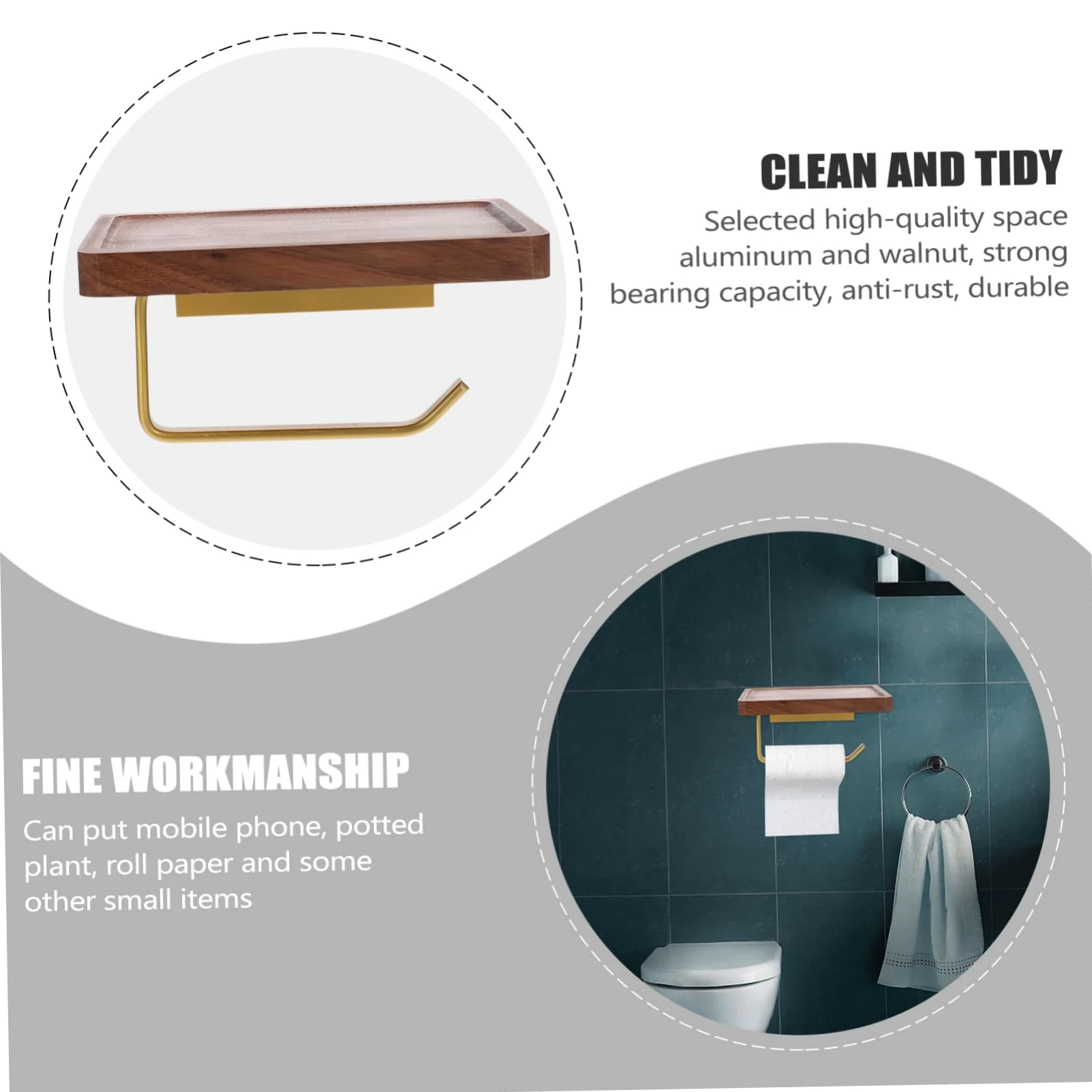SHINEOFI Portarotoli Carta Igienica in Noce, Design Concavo, Installazione senza Fori, Resistente alla Ruggine, per Bagno e Cucina, Portata Elevata