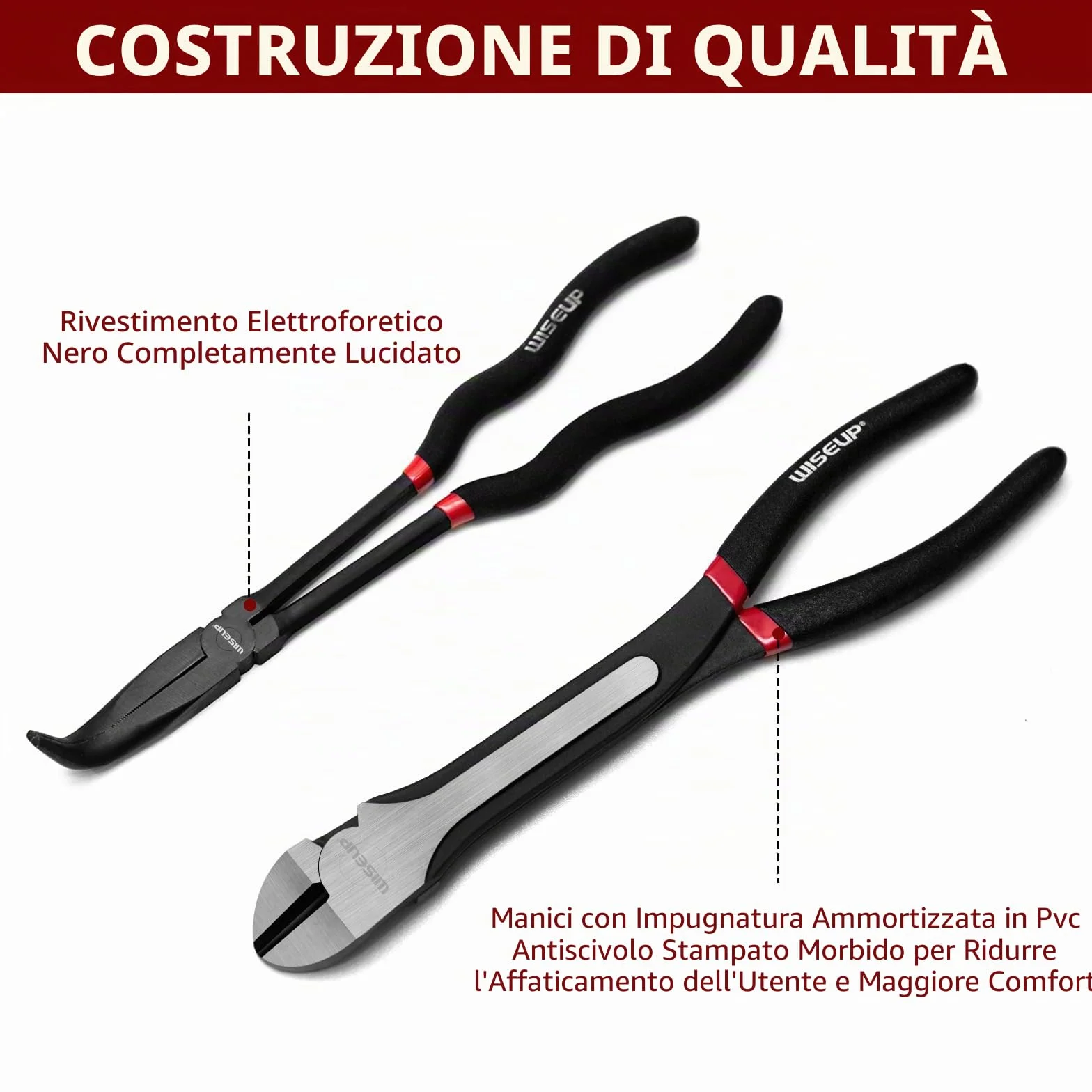 WISEUP Set 5 pinze a becco lungo, acciaio al carbonio, 11", dritte, 45°, 90°, tagliafili laterali