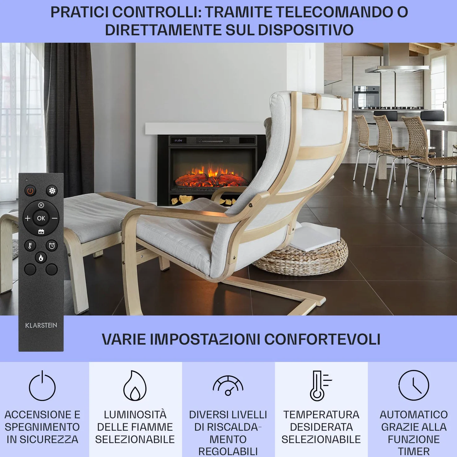 Klarstein Camino Elettrico Basso Consumo, con Mensola, da Parete, Caminetto Finto da Terra, 1900W, Decorativo con LED, Telecomando, Timer, Controllo Temperatura