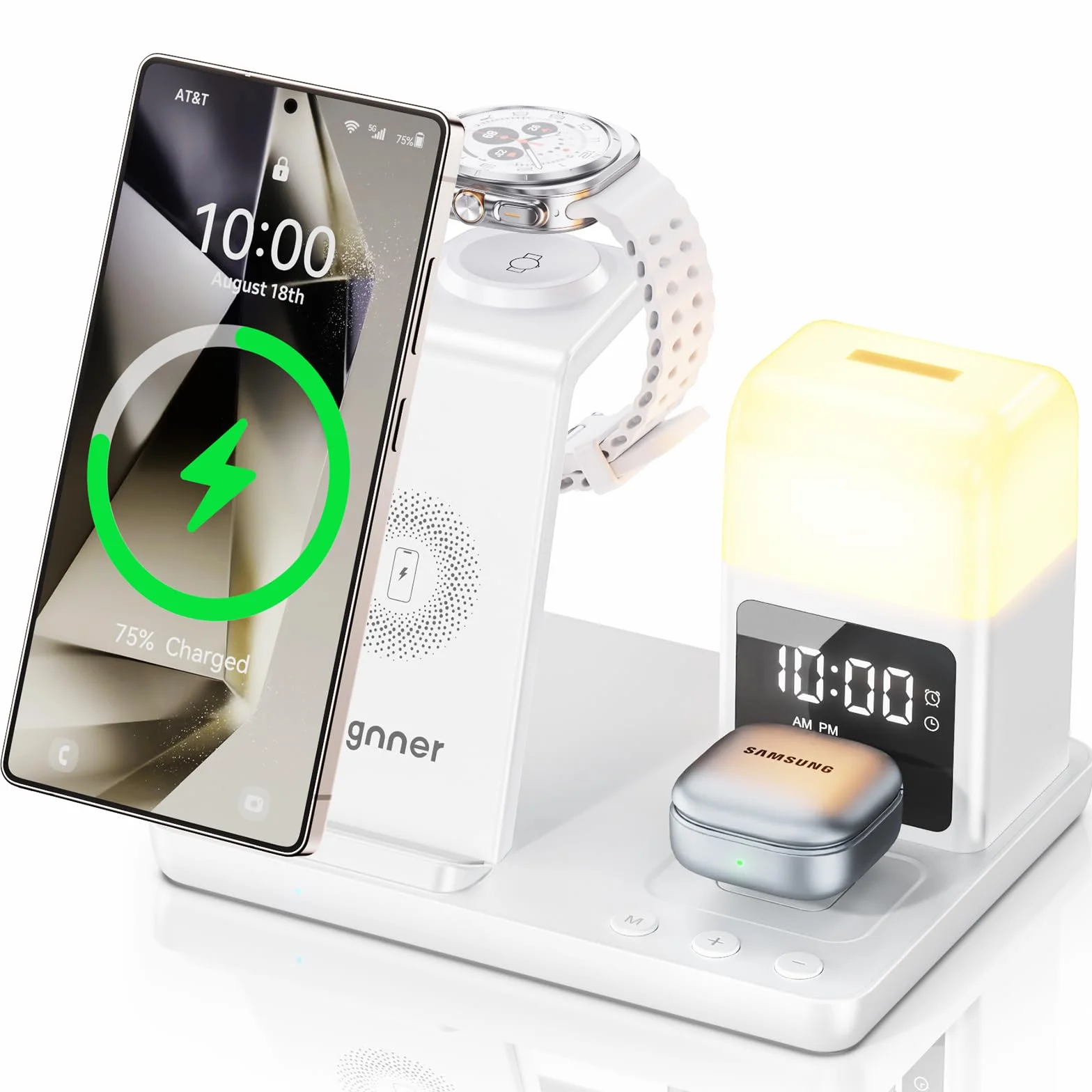 Stazione di Ricarica Induttiva 6 in 1 Aggiornata per Samsung con Sveglia e Luce a 3 Colori | Ricarica Senza Fili 15W Rapida per Galaxy S25/S24/Z Fold6/Flip/Note Galaxy Watch Ultra/6/5 Pro Galaxy Buds