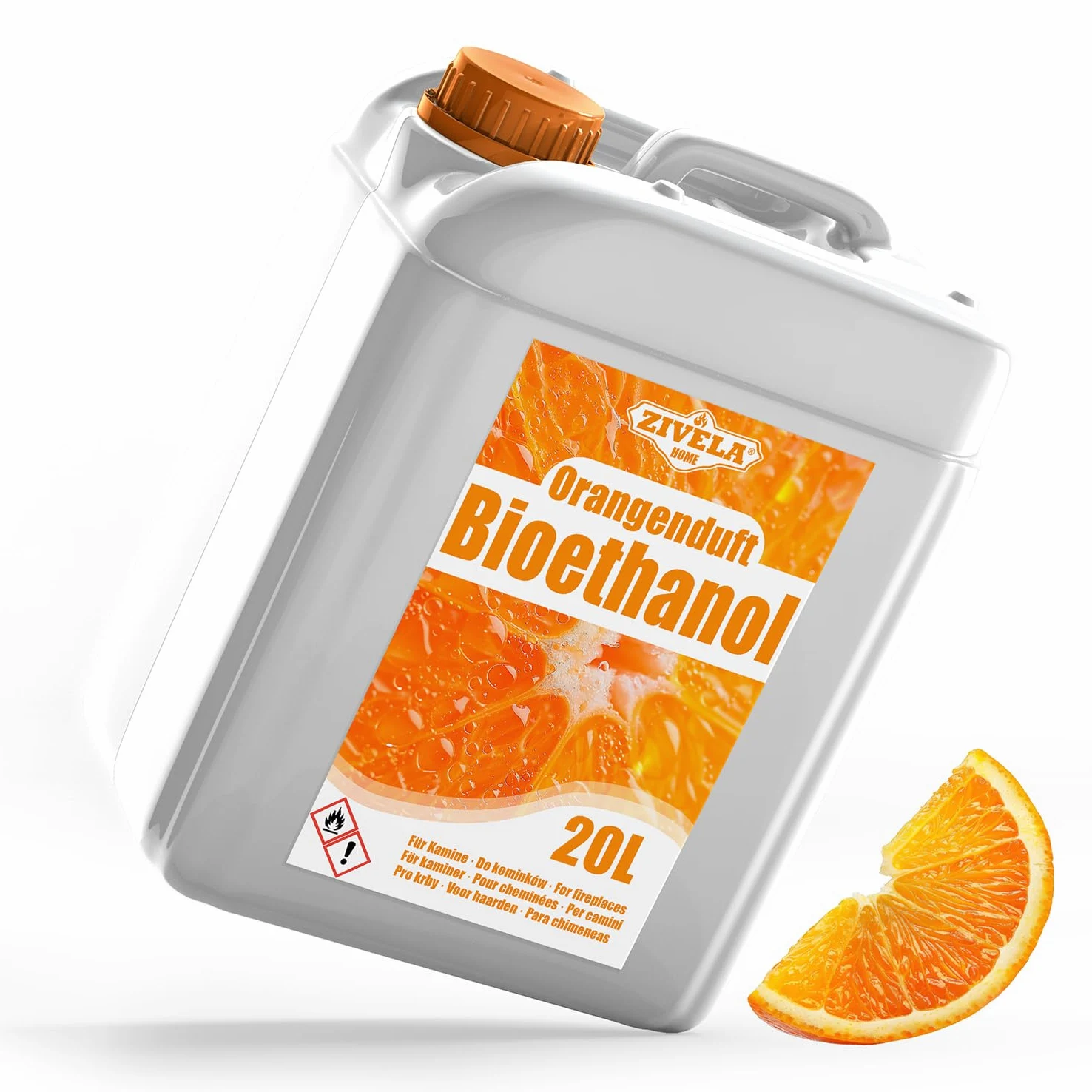 Bioetanolo 96,6% 20 l, profumo di arancio biologico 96,6% 20 l, bioetanolo per camino, caminetto, camino a bioetanolo, profumo di arancia, combustione pulita, senza fumo, fiamma vivida e stabile