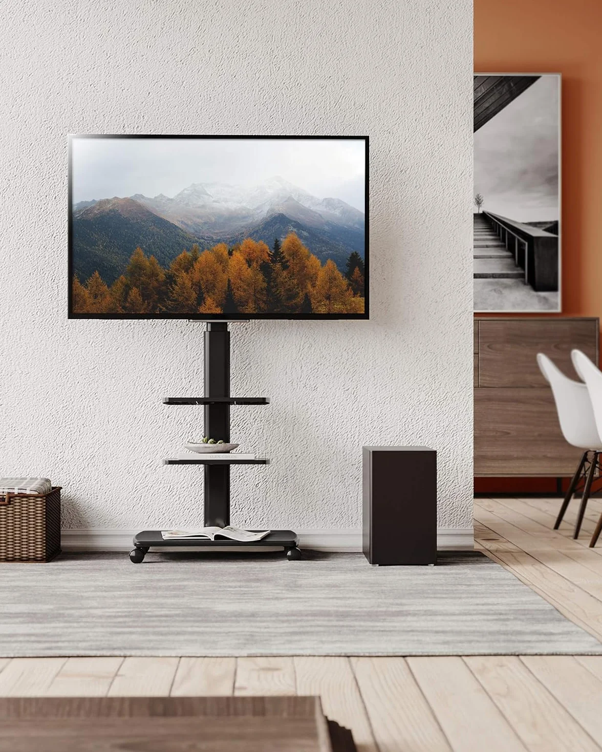 FITUEYES Supporto TV Da Pavimento Mobile Con 3 Ripiani Per TV 32–70 Pollici Fino A 40 Kg, Altezza Regolabile E Girevole, VESA Massimo 600×400, Ideale Per Appartamenti E Uffici