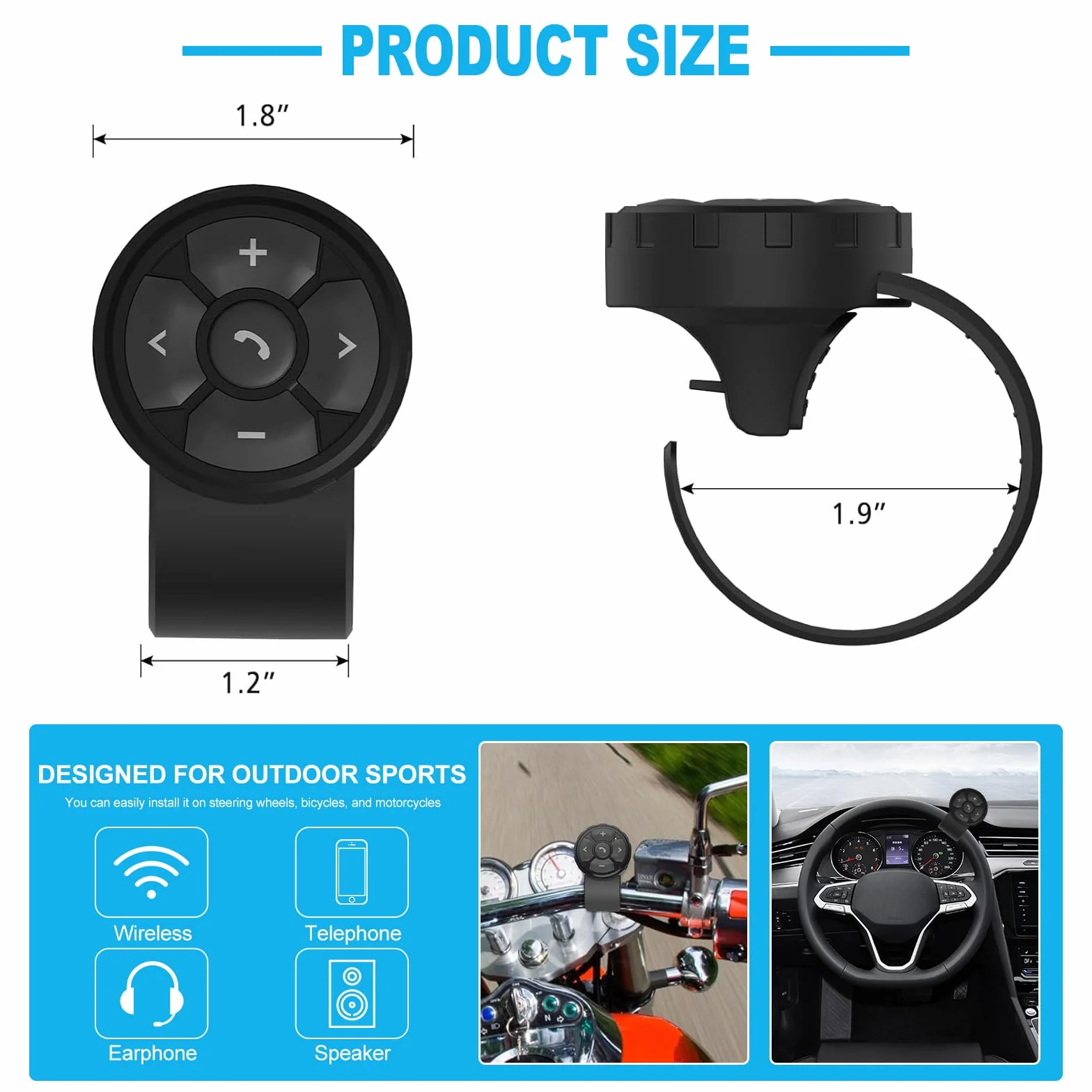 Fyearfly Telecomando Multimediale Bluetooth Casco, Cuffie Wireless per Casco Bt Audio Player Controller Moto Manubrio Supporto Universale, per Controllare Musica, Chiamate, Volume