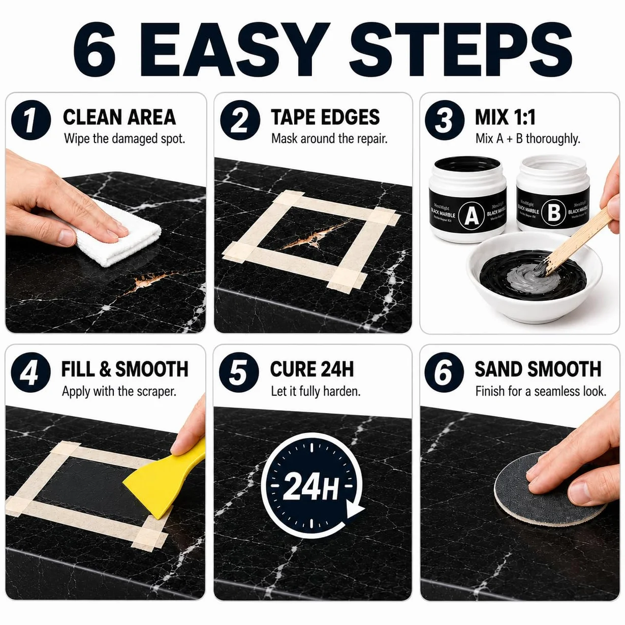 Kit Riparazione Piastrelle Nero, Colla per Ceramica, Stucco per Piastrelle, per Scheggiature, Crepe, Graffi su Granito, Marmo, Quarzo
