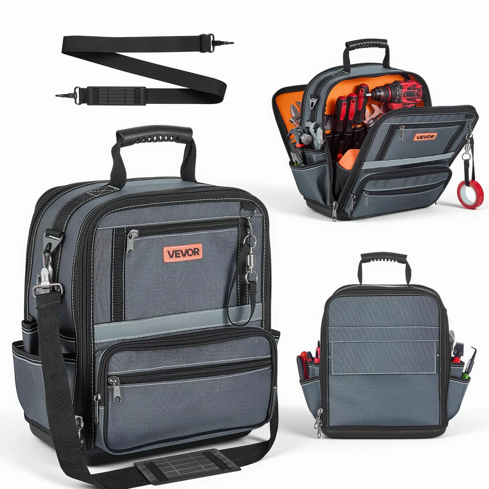 VEVOR Borsa Portautensili 335mm, 34 Tasche, Organizer Portatile per Attrezzi con Base Rigida in Plastica, Ampia Apertura a Cerniera, Tracolla Regolabile, Resistente all'Acqua, per Fai da Te e Cantiere