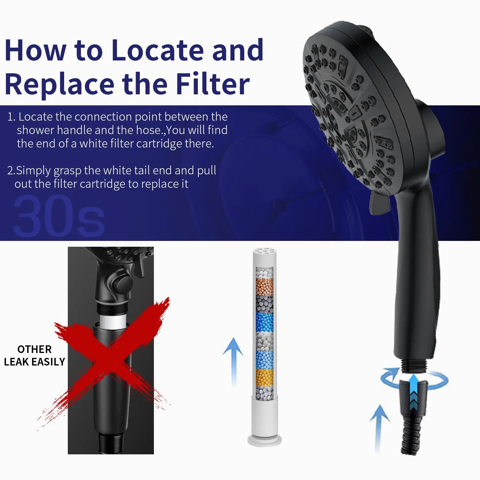 Soffione doccia filtrato palmare – 10 modalità di spruzzo ad alta pressione, con combinazione di spray portatile, soffione doccia con collegamento magnetico, con tubo lungo 152 cm (nero opaco)
