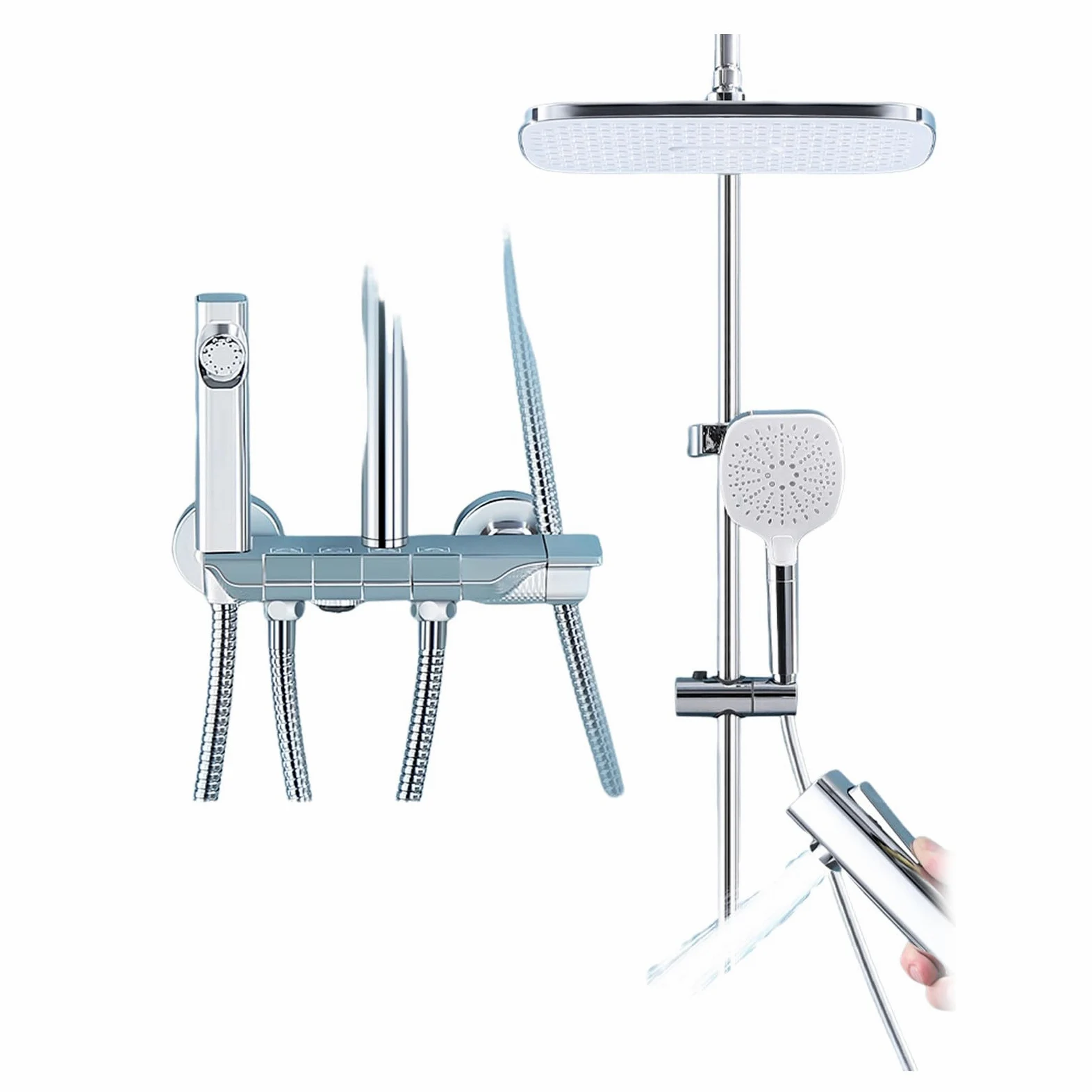 Sistema Doccia, Set Rubinetto Grigio, 4 funzioni, Kit di Montaggio a Parete con soffione Portatile a 3 modalità, doccetta per Bidet a Pioggia