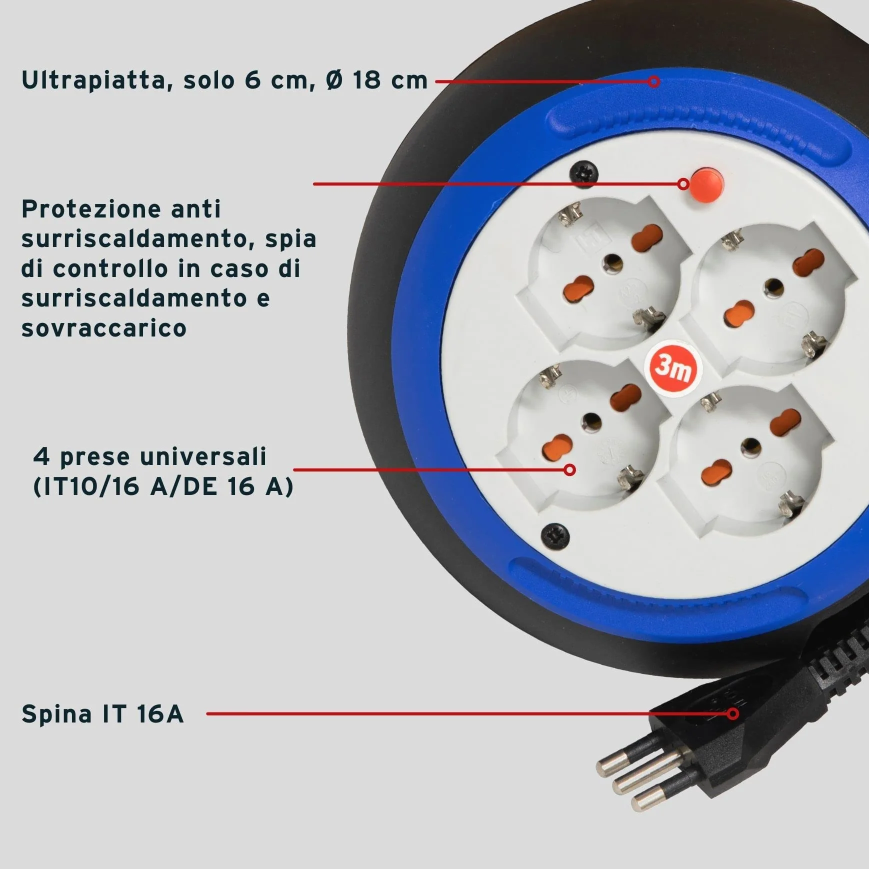 Prolunga Elettrica con Avvolgicavo Brennenstuhl 1100535 | Prolunga Elettrica 3 Metri Ultrapiatta e Pratica | 4 prese Polivalenti (10/16A + Schuko) | Altezza Solo 6cm | Diametro 18cm | Colore Nero/Blu