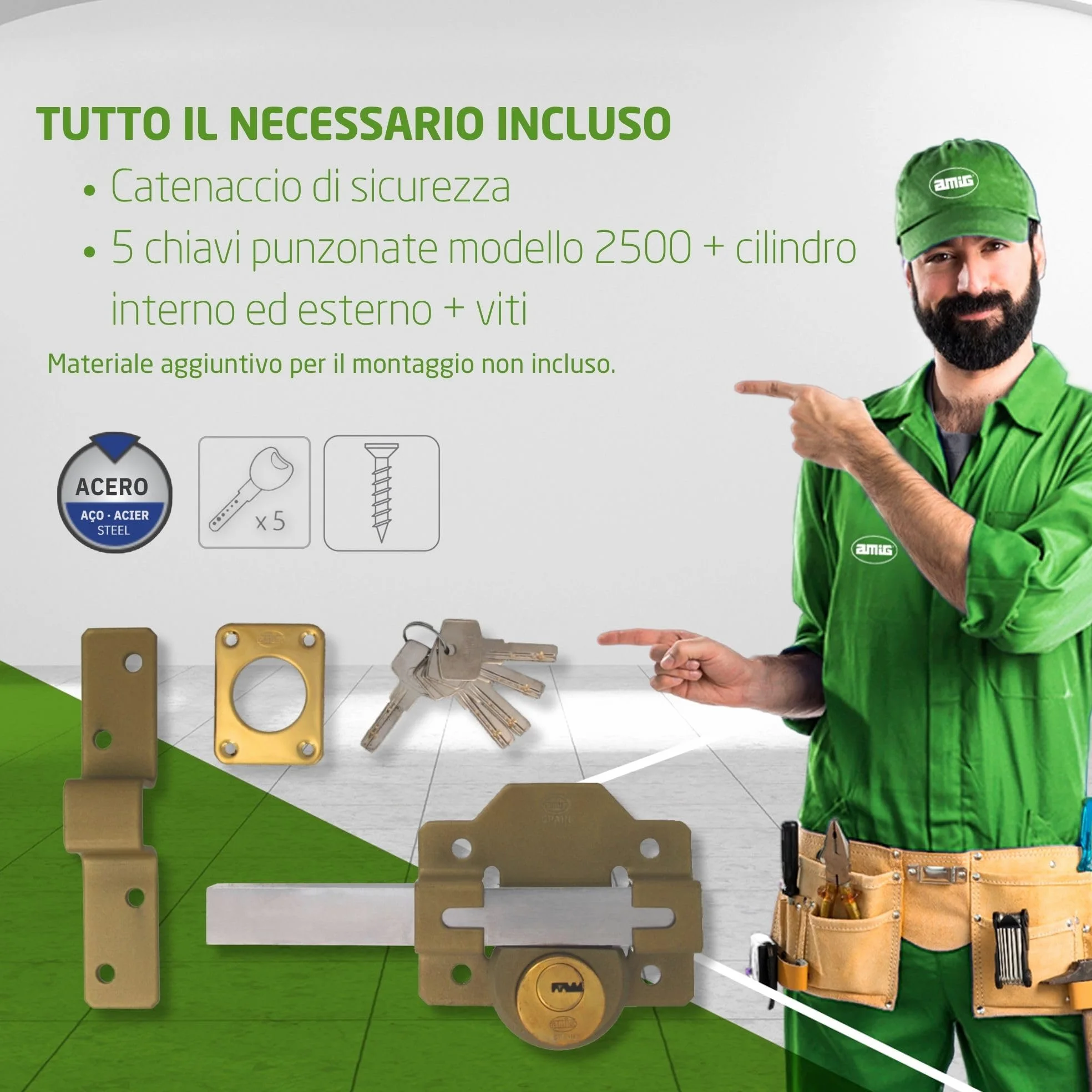 Amig - Catenaccio Porta di Sicurezza da Applicare con Cilindro Rotondo Interno ed Esterno Mod. 4 - Serratura con Chiave - 88 x 153 mm - Include 5 Chiavi a Punti - Acciaio Martellato