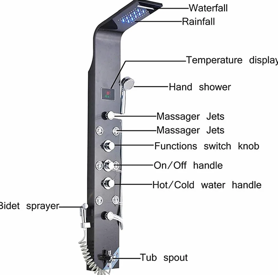 Pannello Doccia LED con Miscelatore a 6 funzioni, Display della Temperatura, Cascata, Massaggio del Corpo e beccuccio per Vasca da Bagno