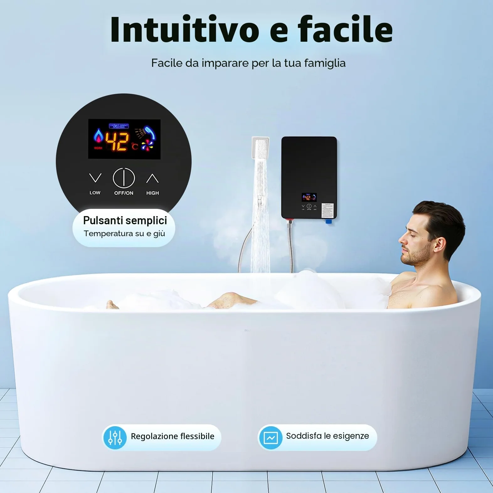 Scaldabagno elettronico istantaneo, 6500 W, 220 V, scaldacqua istantanea Tankless con doccetta, 33-55 ℃, scaldabagno digitale LED per bagno e cucina
