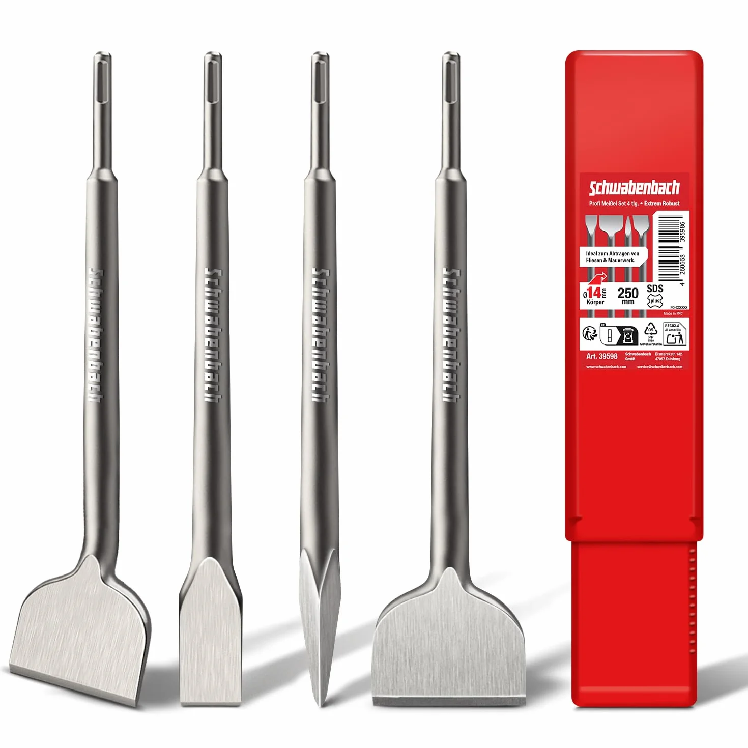 SCHWABENBACH® SDS Plus - Set di 4 scalpelli da 250 mm, scalpello piatto da 50 mm, scalpello piatto da 50 mm + 25 mm + scalpello a punta - Scalpello SDS-Plus universale per martelli perforatori