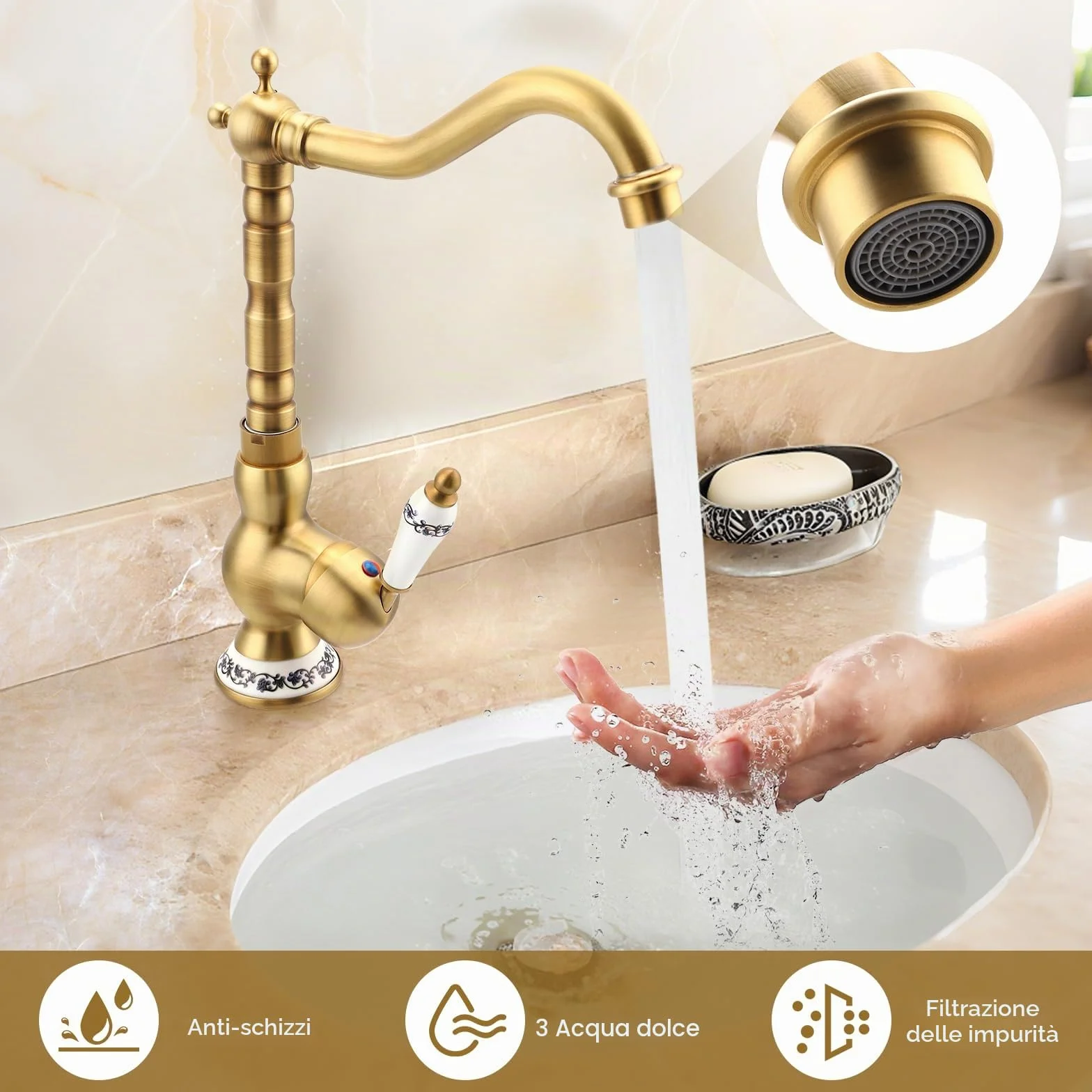 Rubinetto Cucina Ottone Antico Monocomando Girevole 360° Bronzo
