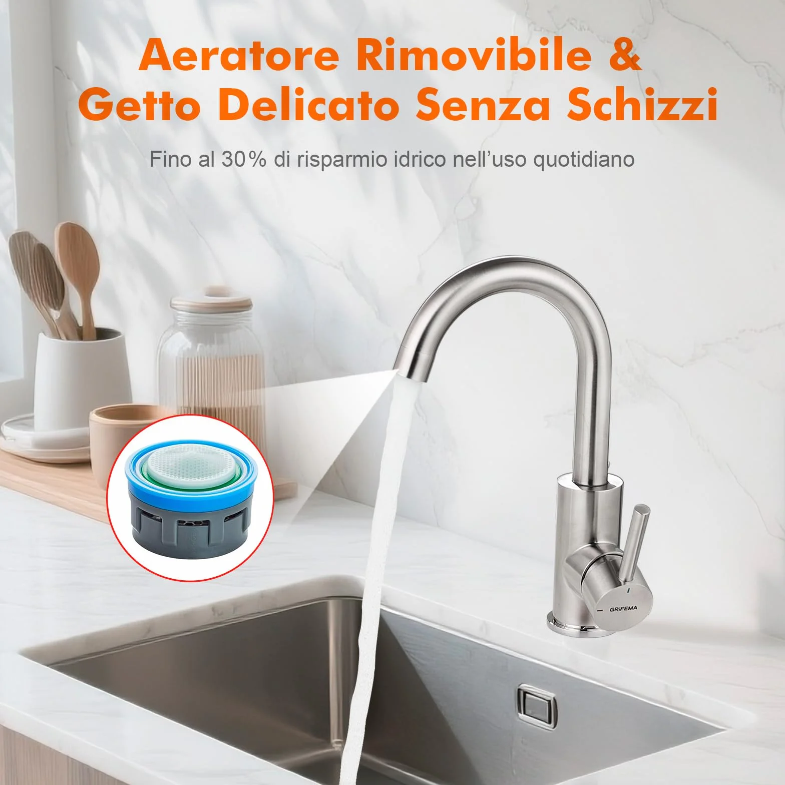 GRIFEMA Miscelatore Lavabo Bagno Alto Grigio Opaco, Rubinetto Girevole a 360° in Ottone, Monocomando Moderno Antracite per Lavandino, Bocca Alta 180mm, Design Anti-corrosione, Attacco G3/8, G1002A