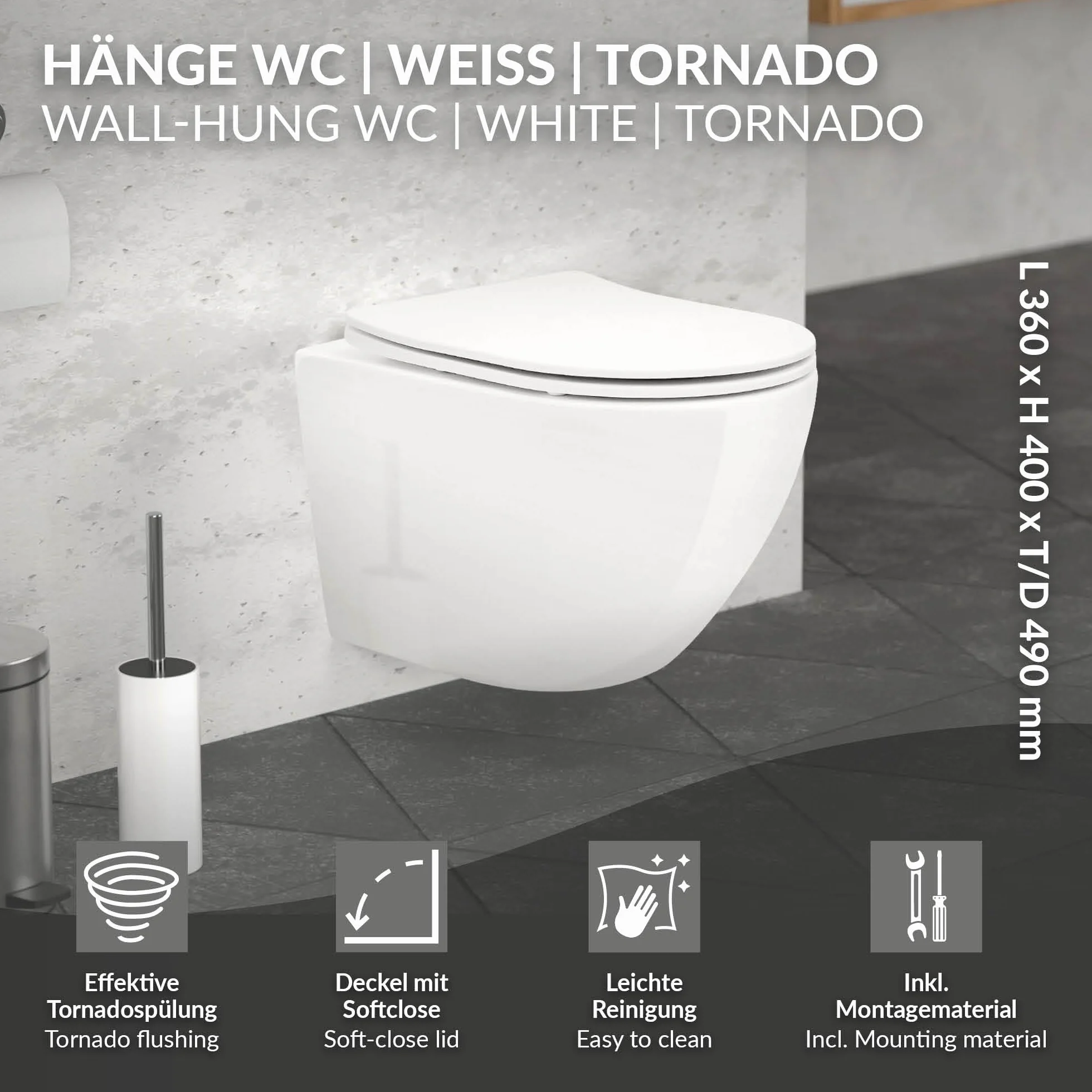 LuxeBath WC Sospeso Senza Bordo Vaso in Ceramica Bianco Corto 49 cm Risciacquo Scarico Tornado con Sedile Softclose