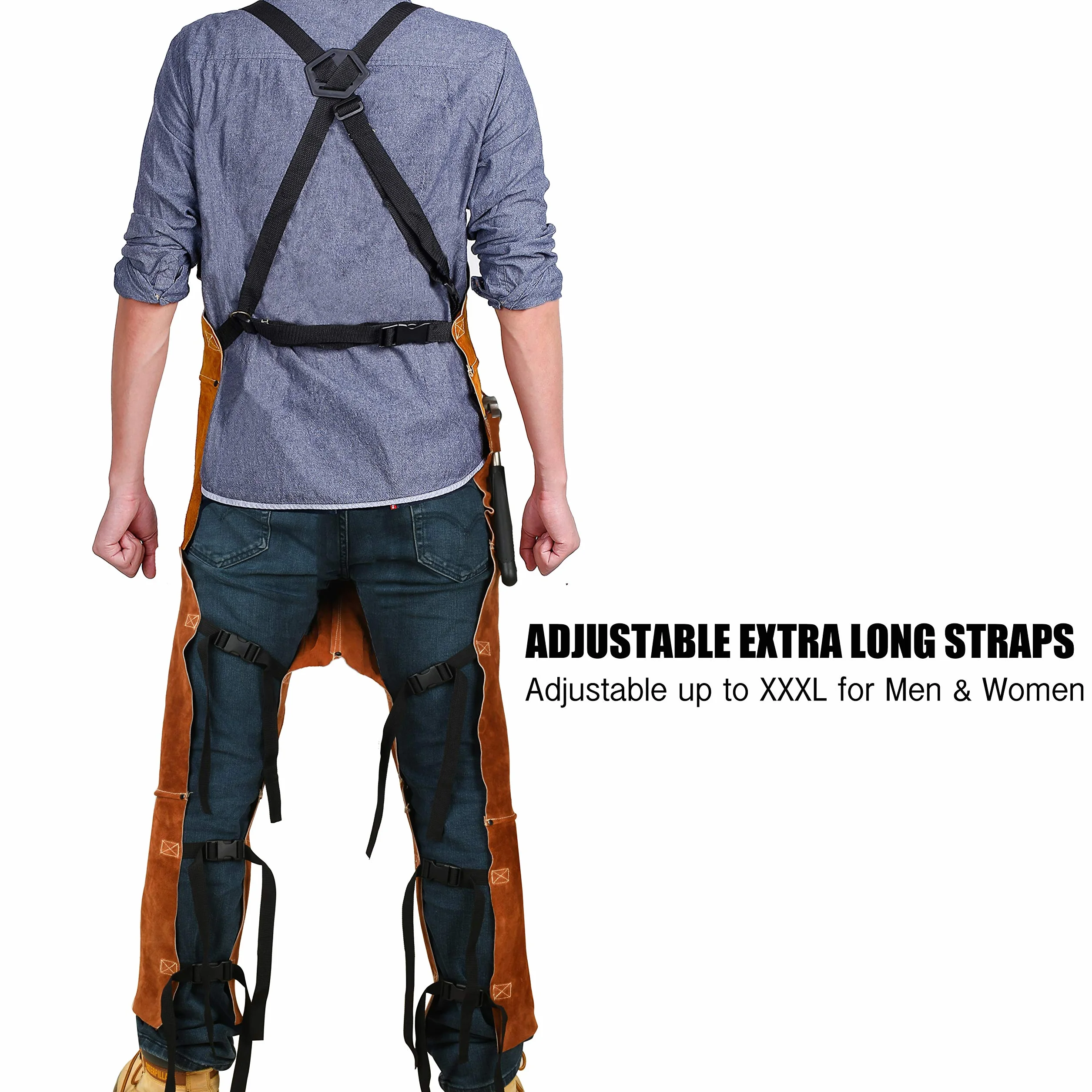 QeeLink Grembiule da Saldatura in pelle, Gamba Divisa Grembiule da Lavoro, Resistente al Calore e Ignifugo Grembiule Falegname con 3 tasche per Fabbro, Carpentiere